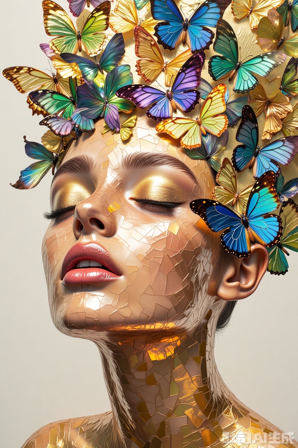 OBlvbo
The image depicts a surreal and artistic composition of a human face seamlessly integrated with a vibrant array of butterflies. The face is partially visible

with closed eyes and lips that are intricately designed to resemble a mosaic of gold and other colors. The butterflies

in various shades of blue

green

purple

and gold

are arranged in a way that they appear to be emerging from the face

creating a harmonious blend between the human form and nature. The background is a soft

neutral color

which helps to highlight the vividness of the butterflies and the intricate details of the face. The overall effect is a dreamlike and ethereal scene that merges elements of beauty and nature in a visually captivating manner.

