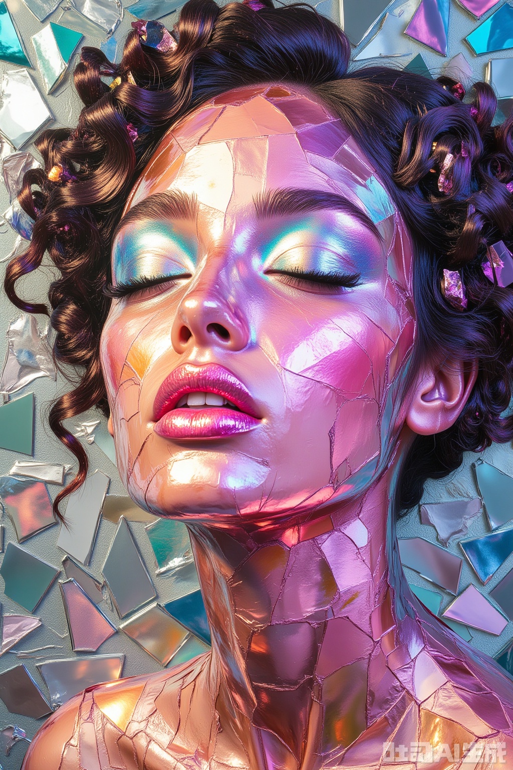 OBlvbo
The image depicts a highly stylized and artistic portrait of a woman. Her face is intricately designed with a mosaic of reflective

fragmented pieces that create a shimmering

iridescent effect. The colors range from vibrant pinks and purples to blues and greens

giving the image a surreal and almost futuristic appearance. Her eyes are closed

and her lips are painted with glossy

pink lipstick. The background is composed of similarly reflective

fragmented pieces

creating a cohesive and immersive visual experience. The overall effect is one of elegance and otherworldliness

with a focus on the intricate details of the mosaic and the woman's serene expression.

