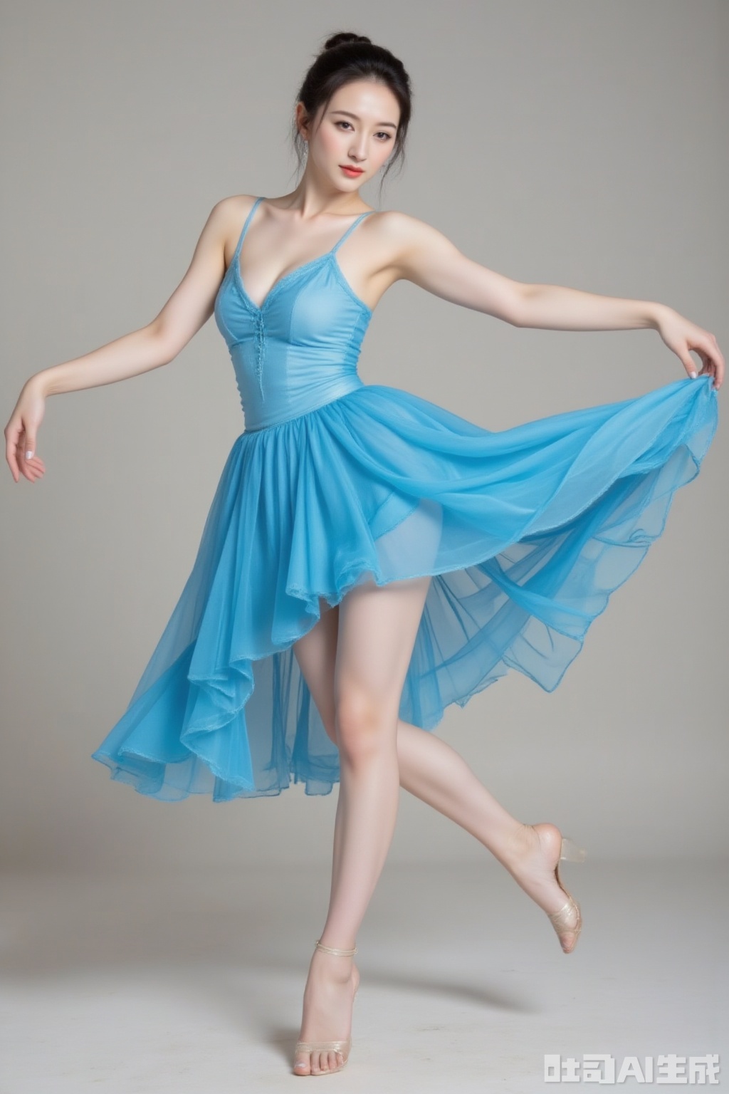 A tall model leaps into the air, her BLUE dance skirt floating and forming a fan. The large, layered tulle skirt is irregularly distributed in mid-air, covering her stretched legs. Against a solid color background, the dynamic movement contrasts sharply. Her hair is tied back, and she faces the camera, exuding elegance and grace.