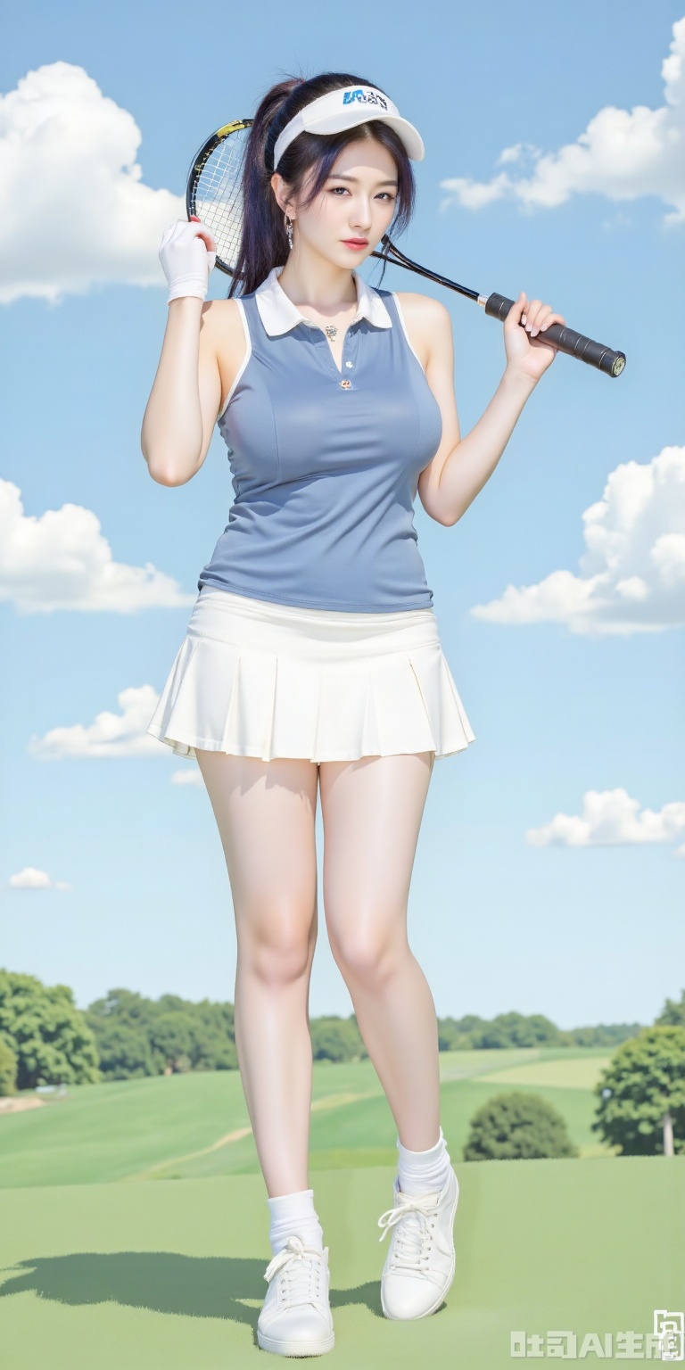 Masterpiece, best quality, high quality, (colorful), medium chest, (blue hair: 1.4), (long legs: 1.5),Masterpiece, best quality, high quality, (colorful), medium chest, (black hair: 1.4), (long legs: 1.3),1girl, solo, long hair, breasts, looking at viewer, skirt, brown hair, shirt, holding, bare shoulders, brown eyes, jewelry, medium breasts, standing, full body, ponytail, outdoors, parted lips, sky, shoes, sleeveless, day, socks, collared shirt, miniskirt, blue sky, lips, sleeveless shirt, white footwear, white skirt, grass, blue shirt, sneakers, sportswear, realistic, visor cap, red lips, tennis uniform, racket, tennis racket, polo shirt, golf club,shiny pantyhose