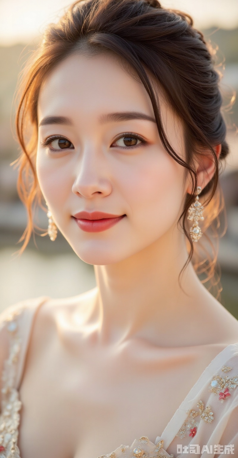 A majestic portrait of a goddess-like woman, set against the serene backdrop of a sunset-rimmed village by a river. Her face is bathed in soft, watercolor-inspired light, with intricate details on her eyebrows and eyes. Her hair, styled in a high updo, flows like silk down her neck. Her lips are painted a vibrant red, and adorned with delicate accessories that catch the fading sunlight. The focus is on her striking features, with a subtle smile playing on her lips as she gazes into the distance.