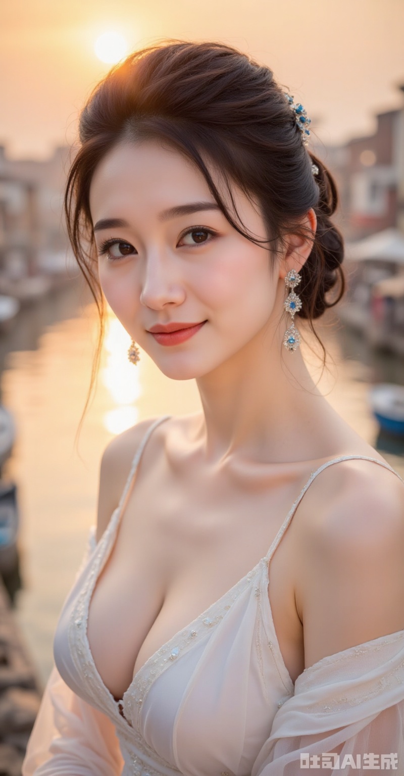 A majestic portrait of a goddess-like woman, set against the serene backdrop of a sunset-rimmed village by a river. Her face is bathed in soft, watercolor-inspired light, with intricate details on her eyebrows and eyes. Her hair, styled in a high updo, flows like silk down her neck. Her lips are painted a vibrant red, and adorned with delicate accessories that catch the fading sunlight. The focus is on her striking features, with a subtle smile playing on her lips as she gazes into the distance.