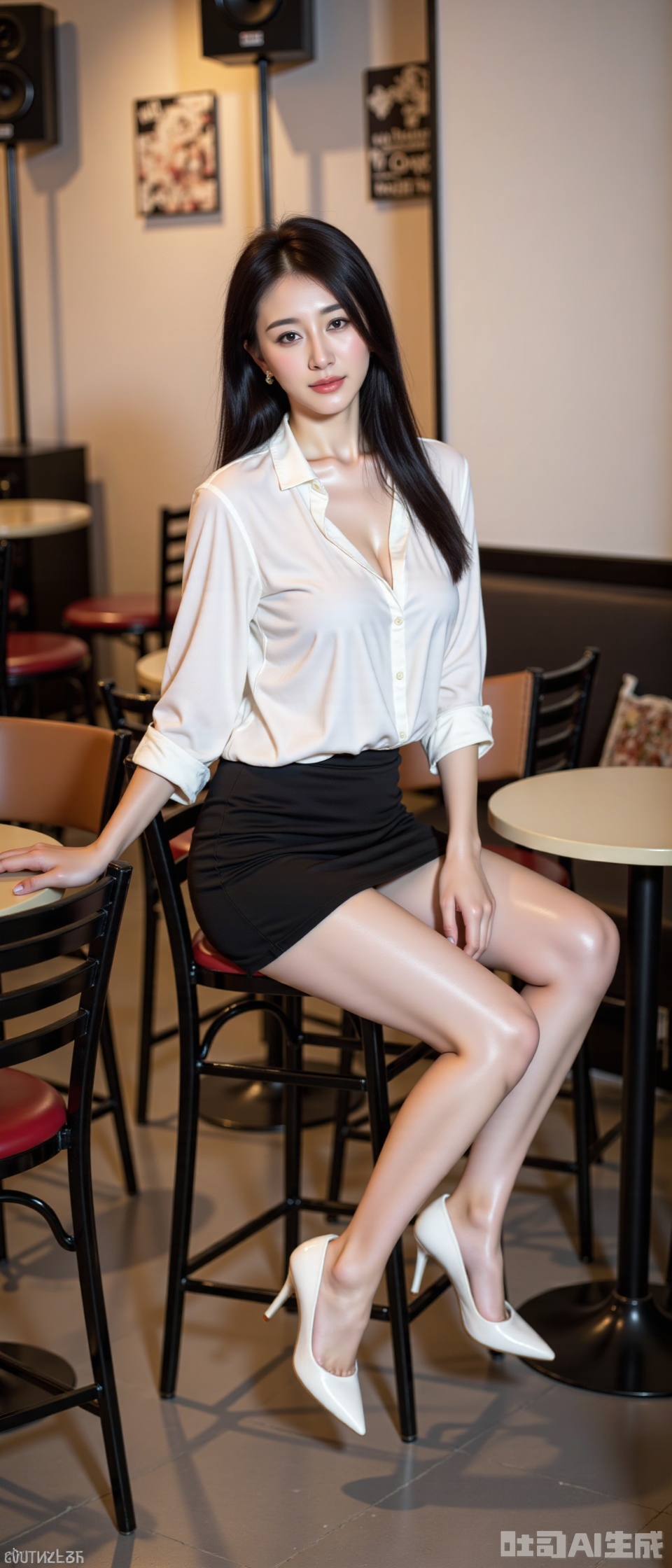 A woman with long black hair cascading naturally down her back sits sideways on a chair. She wears a loose-fitting white blouse, a black mini skirt, and white high-heeled shoes. Her legs are clad in shiny pantyhose. Her right hand rests on the table, while her left hand is gently placed on her leg. The setting is an indoor location, possibly a café or restaurant, with tables, chairs, and audio equipment in the background. Wall decorations and text enhance the ambiance. Lighting is soft, casting a warm and stylish atmosphere. She is centered in the frame, with intricate details visible. Photo taken with a Canon EOS R6 Mark II Mirrorless camera at 35mm f/8 aperture, emphasizing her elegant presence.