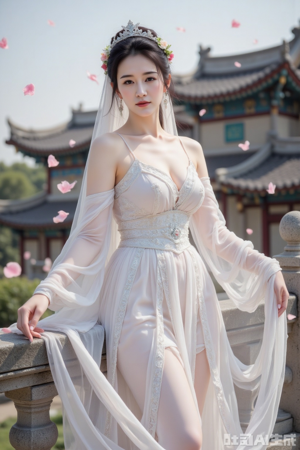 Ancient Chinese elegance unfurls before the vibrant backdrop of a sun-kissed day. A low-angle perspective captures the serene full-body portrait of a girl in silver-gauze attire, adorned with colorful floral headpieces and a semi-transparent veil, gently blowing in the wind. Her long black hair cascades down her back as she leans against a weathered gray stone railing, her silver crown glinting in the bright sunshine. The air is filled with pink petals dancing freely, framing her peaceful posture. Behind her, an ancient Chinese building rises, its layered eaves and colorful details drawing the eye. The cinematic texture and free-spirited atmosphere evoke a sense of timeless beauty.
