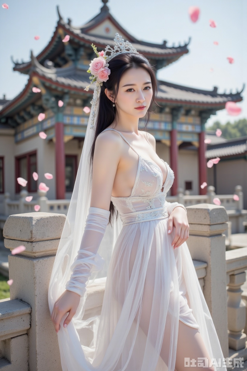 Ancient Chinese elegance unfurls before the vibrant backdrop of a sun-kissed day. A low-angle perspective captures the serene full-body portrait of a girl in silver-gauze attire, adorned with colorful floral headpieces and a semi-transparent veil, gently blowing in the wind. Her long black hair cascades down her back as she leans against a weathered gray stone railing, her silver crown glinting in the bright sunshine. The air is filled with pink petals dancing freely, framing her peaceful posture. Behind her, an ancient Chinese building rises, its layered eaves and colorful details drawing the eye. The cinematic texture and free-spirited atmosphere evoke a sense of timeless beauty.
