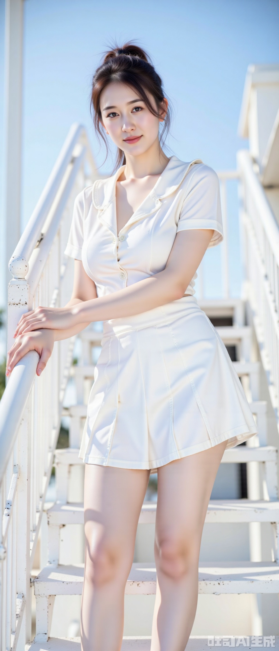 A masterwork of real photography captures a stunning girl clad in a crisp white sailor uniform, her short-sleeved white skirt fluttering gently. Her high ponytail is neatly secured as she stands confidently on the staircase, grasping the white steel frame handrail for balance. The clean blue sky serves as a brilliant backdrop, while the low-angle view from below emphasizes her stature. Natural light dances across her features, illuminating her radiant smile and captivating pose. photo backgroundphoto taken with a Canon EOS R6 Mark II Mirrorless camera in the style of 35mm f/8 aperture, intricate details.dlrb,hsw,wet,water,beauty,anhei,large natural breast,huge Breasts,cleavage,shengdan,zly,soft breastsdlrb,hsw,wet,water,beauty,anhei,large natural breast,black pantyhose,ddw,shiny pantyhose