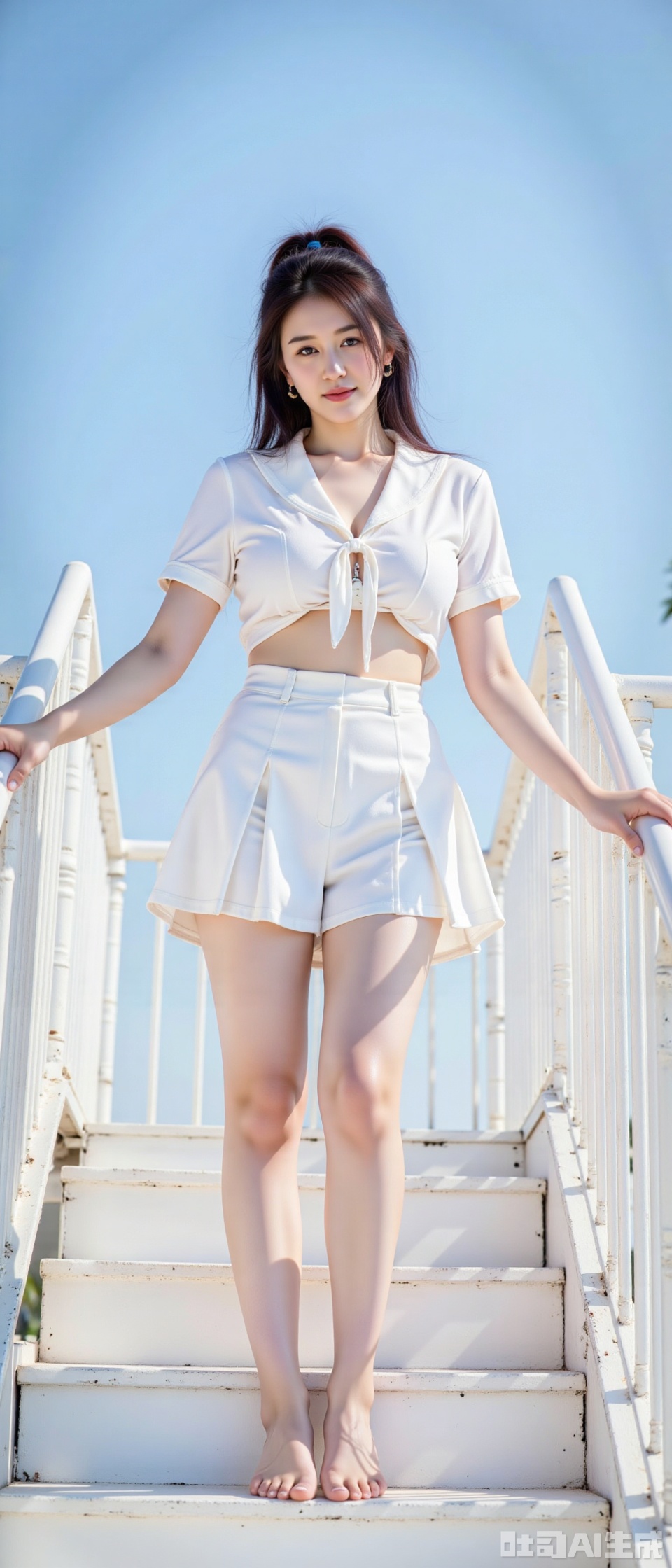 A masterwork of real photography captures a stunning girl clad in a crisp white sailor uniform, her short-sleeved white skirt fluttering gently. Her high ponytail is neatly secured as she stands confidently on the staircase, grasping the white steel frame handrail for balance. The clean blue sky serves as a brilliant backdrop, while the low-angle view from below emphasizes her stature. Natural light dances across her features, illuminating her radiant smile and captivating pose. photo backgroundphoto taken with a Canon EOS R6 Mark II Mirrorless camera in the style of 35mm f/8 aperture, intricate details.dlrb,hsw,wet,water,beauty,anhei,large natural breast,huge Breasts,cleavage,shengdan,zly,soft breastsdlrb,hsw,wet,water,beauty,anhei,large natural breast,black pantyhose,ddw,shiny pantyhose