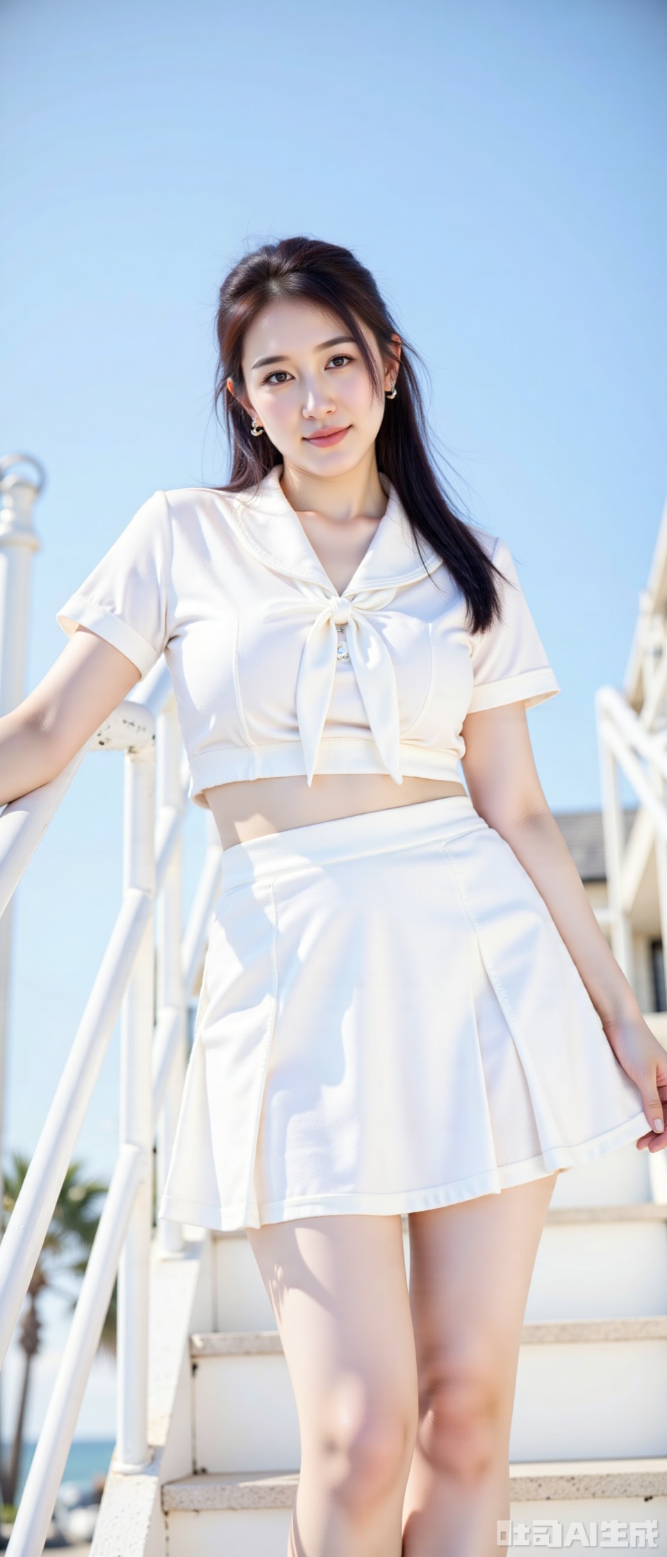 A masterwork of real photography captures a stunning girl clad in a crisp white sailor uniform, her short-sleeved white skirt fluttering gently. Her high ponytail is neatly secured as she stands confidently on the staircase, grasping the white steel frame handrail for balance. The clean blue sky serves as a brilliant backdrop, while the low-angle view from below emphasizes her stature. Natural light dances across her features, illuminating her radiant smile and captivating pose. photo backgroundphoto taken with a Canon EOS R6 Mark II Mirrorless camera in the style of 35mm f/8 aperture, intricate details.dlrb,hsw,wet,water,beauty,anhei,large natural breast,huge Breasts,cleavage,shengdan,zly,soft breastsdlrb,hsw,wet,water,beauty,anhei,large natural breast,black pantyhose,ddw,shiny pantyhose
