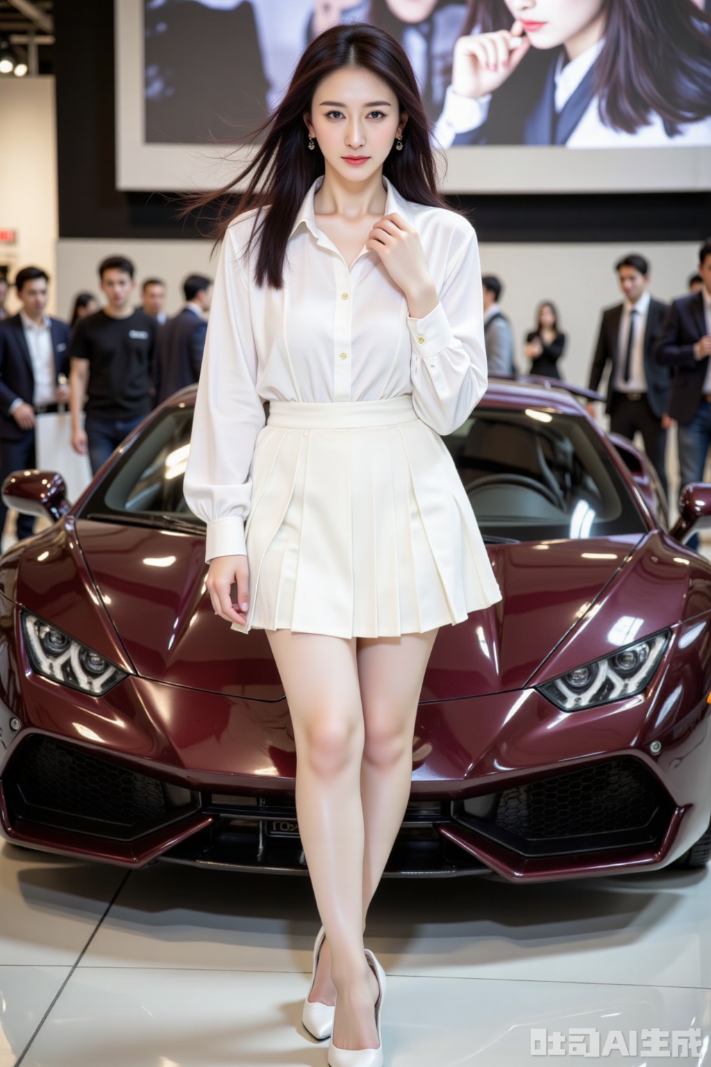 8K, ultra clear, Beautiful car model, fair skin, tender legs, slender legs, full body photo, wearing white high heels. In the 8x resolution ultra-clear picture, the car show scene is bright and lively. Next to it is a luxury Lamborghini. There is a large screen above the back. She is wearing a white shirt, a white pleated skirt, 36D breasts, and her long hair Dancing in the wind shows her flexibility and freedom. With a confident and cheerful smile on her face, she has an elegant figure, her plump breasts outline charming curves, and her clear vest lines highlight her health and vitality. In such a car show atmosphere, she exudes a sexy and charming unique charm. Background characters are real,yoga pants,photo taken with a Canon EOS R6 Mark II Mirrorless camera in the style of 35mm f/8 aperture,
