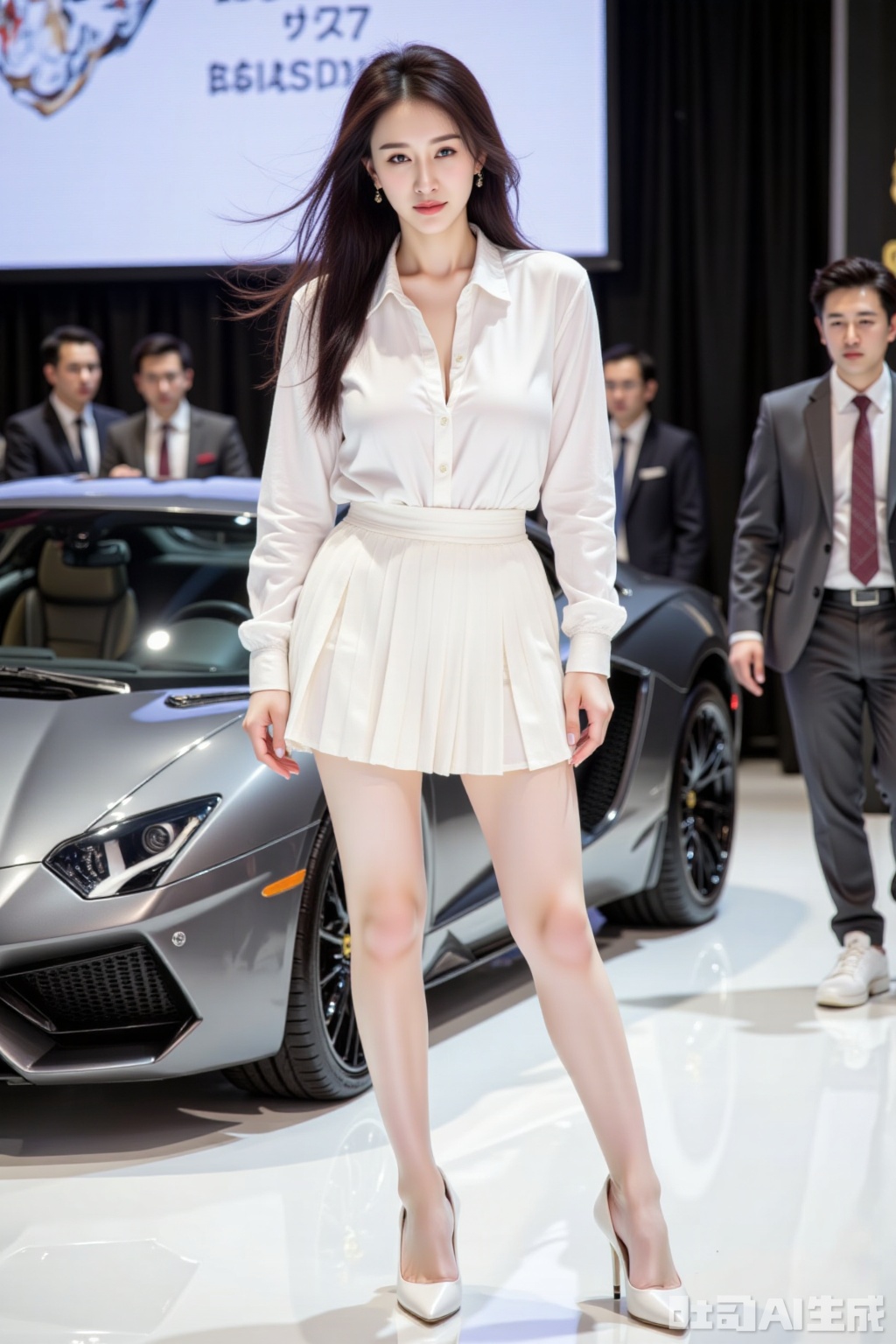 8K, ultra clear, Beautiful car model, fair skin, tender legs, slender legs, full body photo, wearing white high heels. In the 8x resolution ultra-clear picture, the car show scene is bright and lively. Next to it is a luxury Lamborghini. There is a large screen above the back. She is wearing a white shirt, a white pleated skirt, 36D breasts, and her long hair Dancing in the wind shows her flexibility and freedom. With a confident and cheerful smile on her face, she has an elegant figure, her plump breasts outline charming curves, and her clear vest lines highlight her health and vitality. In such a car show atmosphere, she exudes a sexy and charming unique charm. Background characters are real,yoga pants,photo taken with a Canon EOS R6 Mark II Mirrorless camera in the style of 35mm f/8 aperture,