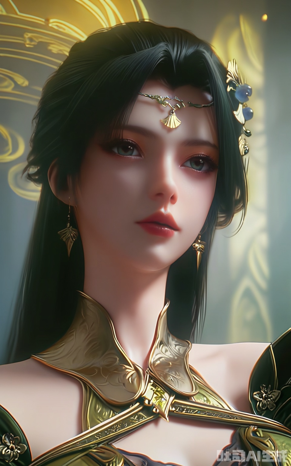 score_9,score_8_up,score_7_up,1girl, solo, long hair, black hair, hair ornament,looking at viewer, upper body, parted lips, indoors, portrait, circlet, realistic, dress, bare shoulders, upper body, green dress
