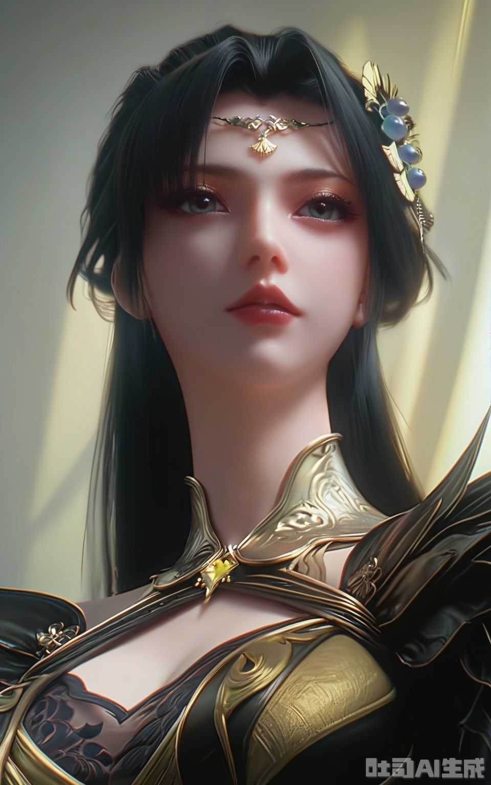 score_9,score_8_up,score_7_up,1girl, solo, long hair, black hair, hair ornament,looking at viewer, upper body, parted lips, indoors, portrait, circlet, realistic, 