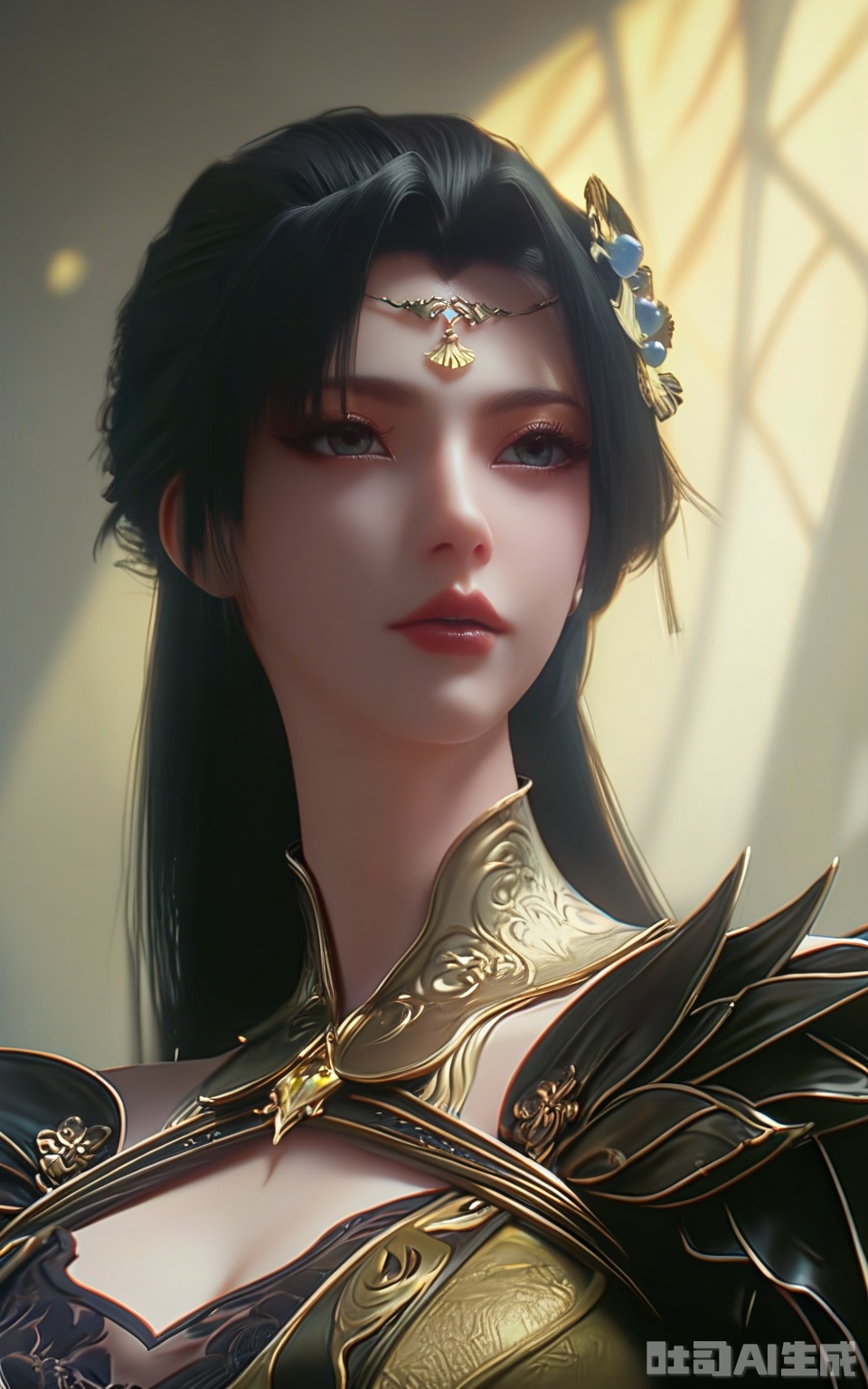 score_9,score_8_up,score_7_up,1girl, solo, long hair, black hair, hair ornament, upper body, parted lips, indoors, portrait, circlet, realistic, 