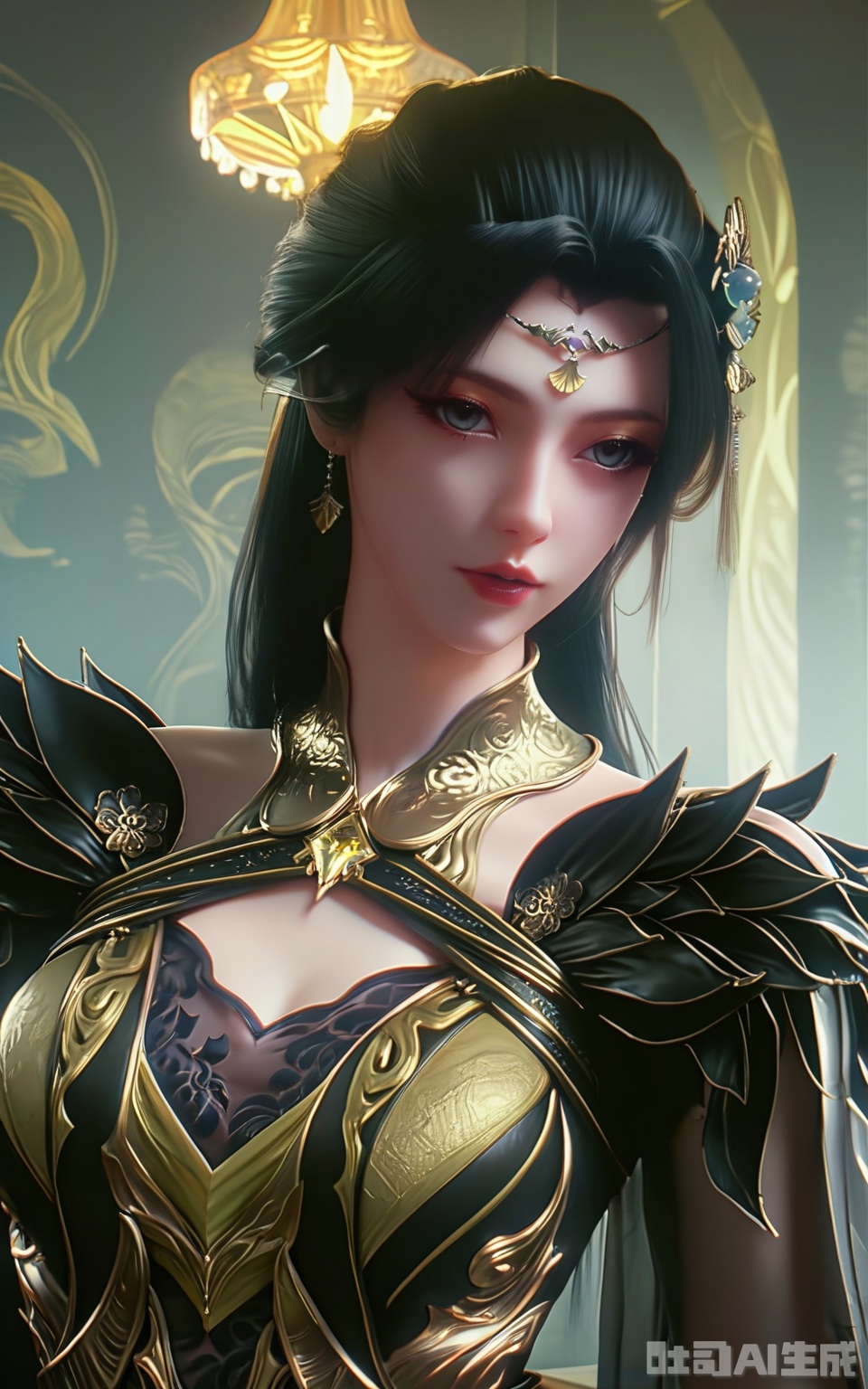 score_9,score_8_up,score_7_up,1girl, solo, long hair, black hair, hair ornament,looking at viewer, full body, parted lips, indoors, portrait, circlet, realistic, 