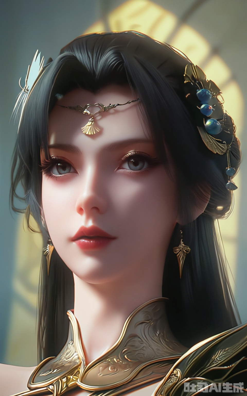 score_9,score_8_up,score_7_up,1girl, solo, long hair, black hair, hair ornament,looking at viewer, upper body, parted lips, indoors, portrait, circlet, realistic, 