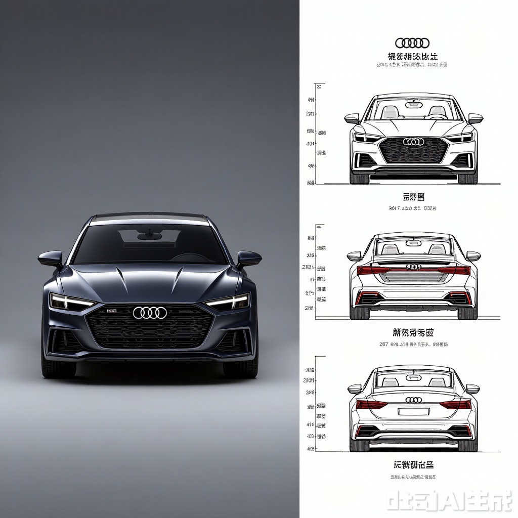 "Design", a detailed comparison of car models and 3D rendering. On the left, there is a front view of the car, showing its sleek design and Audi logo highlighted on the grille. The car has a modern, aerodynamic shape with sharp lines and a large grille. The right side of the image shows three different views: top view, side view, and rear view. Each view provides a detailed perspective of the car's structure, highlighting its design elements such as headlights, grille and overall shape. The Chinese characters in the picture are Chinese "" (Audi) and "A8L" (Audi A8L), indicating the model name. The background is a gradient gray color that contrasts sharply with the black car, making it more prominent.