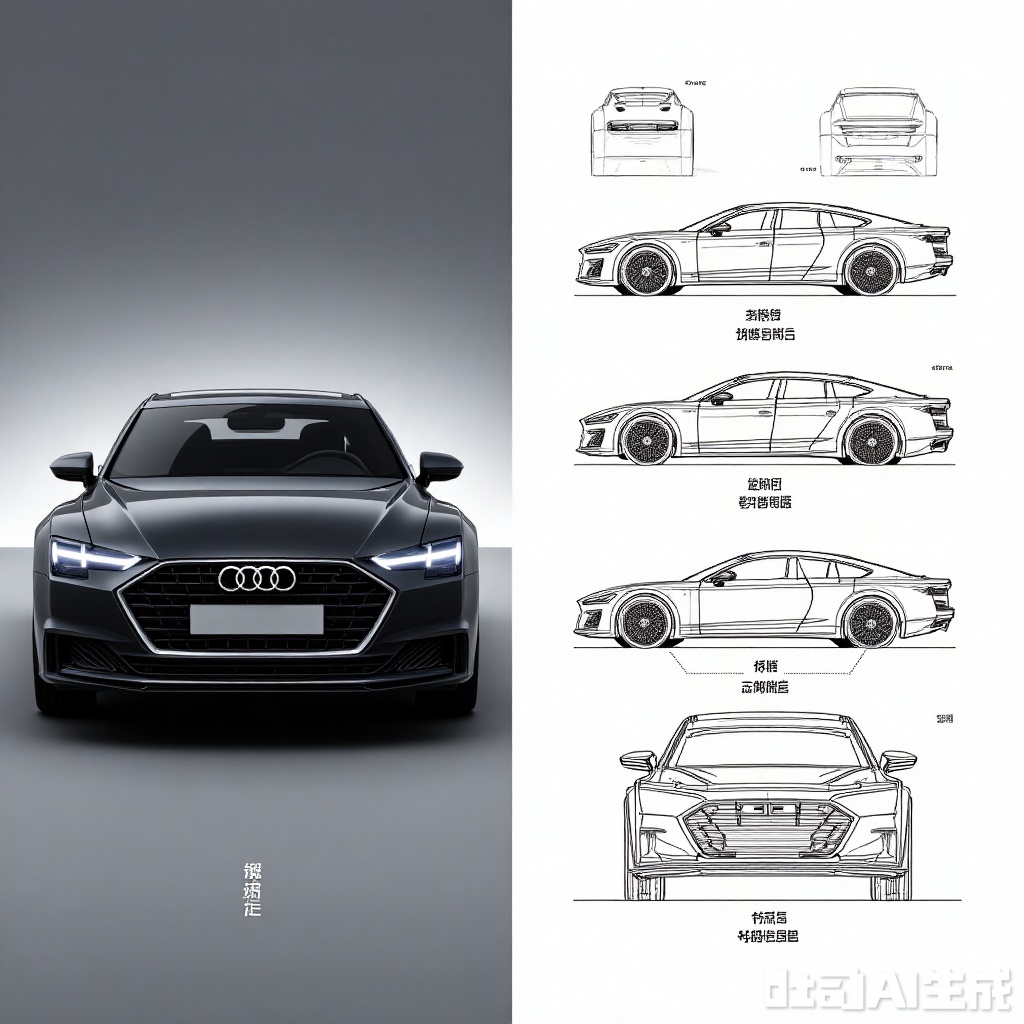 "Design", a detailed comparison of car models and 3D rendering. On the left, there is a front view of the car, showing its sleek design and Audi logo highlighted on the grille. The car has a modern, aerodynamic shape with sharp lines and a large grille. The right side of the image shows three different views: top view, side view, and rear view. Each view provides a detailed perspective of the car's structure, highlighting its design elements such as headlights, grille and overall shape. The Chinese characters in the picture are Chinese "" (Audi) and "A8L" (Audi A8L), indicating the model name. The background is a gradient gray color that contrasts sharply with the black car, making it more prominent.