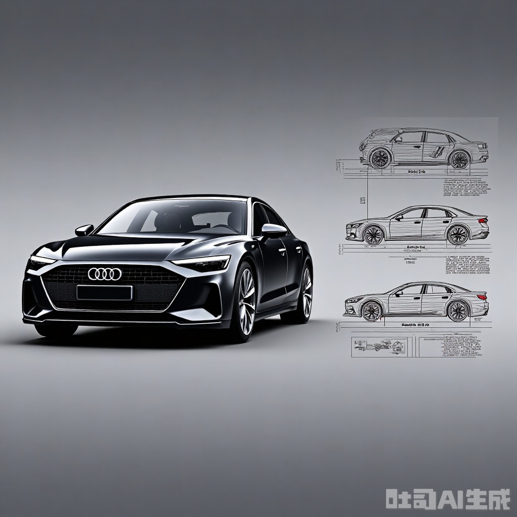 "Design", a detailed comparison of car models and 3D rendering. On the left, there is a front view of the car, showing its sleek design and Audi logo highlighted on the grille. The car has a modern, aerodynamic shape with sharp lines and a large grille. The right side of the image shows three different views: top view, side view, and rear view. Each view provides a detailed perspective of the car's structure, highlighting its design elements such as headlights, grille and overall shape. The Chinese characters in the picture are Chinese "" (Audi) and "A8L" (Audi A8L), indicating the model name. The background is a gradient gray color that contrasts sharply with the black car, making it more prominent.