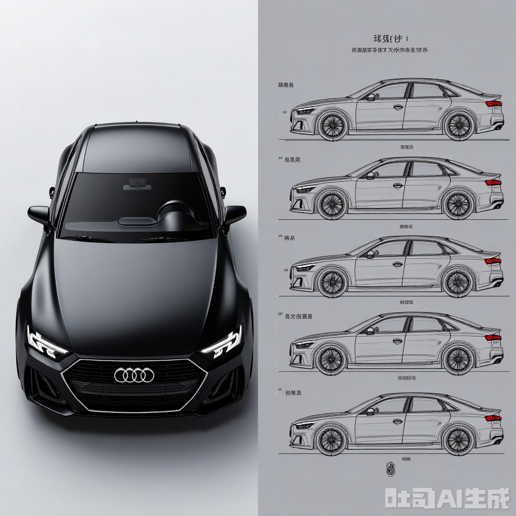 "Design", a detailed comparison of car models and 3D rendering. On the left, there is a front view of the car, showing its sleek design and Audi logo highlighted on the grille. The car has a modern, aerodynamic shape with sharp lines and a large grille. The right side of the image shows three different views: top view, side view, and rear view. Each view provides a detailed perspective of the car's structure, highlighting its design elements such as headlights, grille and overall shape. The Chinese characters in the picture are Chinese "" (Audi) and "A8L" (Audi A8L), indicating the model name. The background is a gradient gray color that contrasts sharply with the black car, making it more prominent.