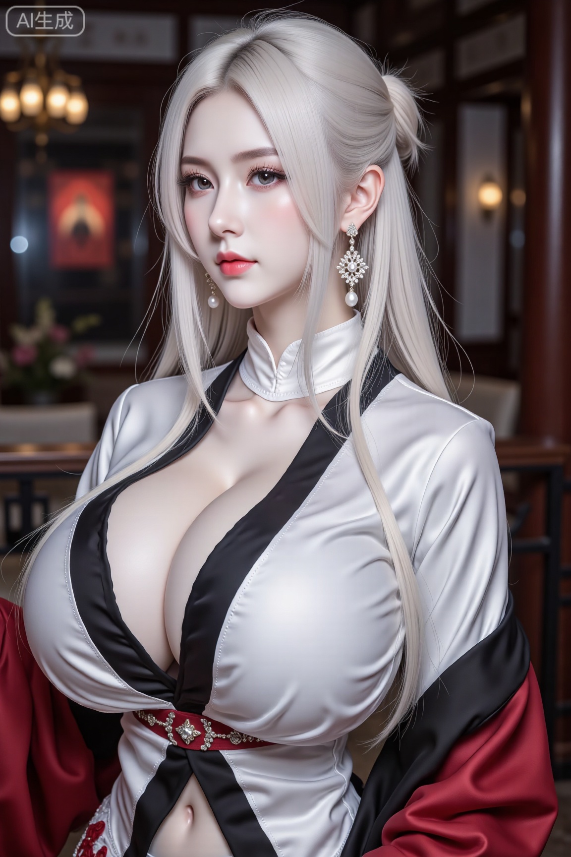 1girl
solo
sideways
breasts
looking at viewer
white hair ,long hair,
((black white red robe))
portrait
earrings
black eyes
realistic
pearl,siyouyou,masterpiece,cl