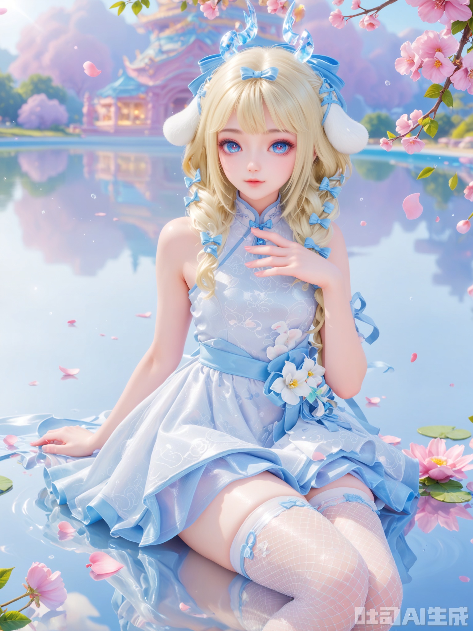 示词score_9,score_8_up,score_7_up,1girl,looking_at_viewer,realistic,1girl,Vivid Colors,bright environment,sunshine,god light,delicate water,hair_ornament,shiny skin,shiny hair,reflection,(wariza:1.2),dress,flower sea,falling petals,extreme detail description,bright sunlight,frontal lighting,(upper body:0.3),put one hand on your chest,hair,long_hair,(skindentation:1.3),Fishnet stockings,hair,sunshine on face,bright_pupils,light_eyes,sitting_down,chinese_clothes,