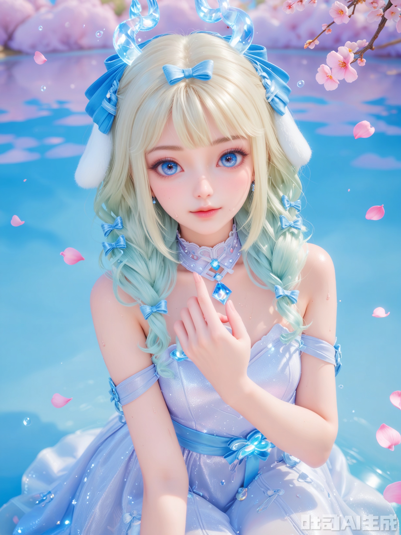 score_9,score_8_up,score_7_up,realistic,photorealistic,1girl,looking_at_viewer,realistic,1girl,Vivid Colors,bright environment,delicate water,hair_ornament,shiny skin,shiny hair,reflection,dress,flower sea,falling petals,extreme detail description,(upper body:0.3),put one hand on your chest,long_hair,(skindentation:1.3),bright,sunshine on face,light,sweating,light,sitting_down,glowing,sunshine,bright,reflection,(pale_skin:1.3),thighhgihs