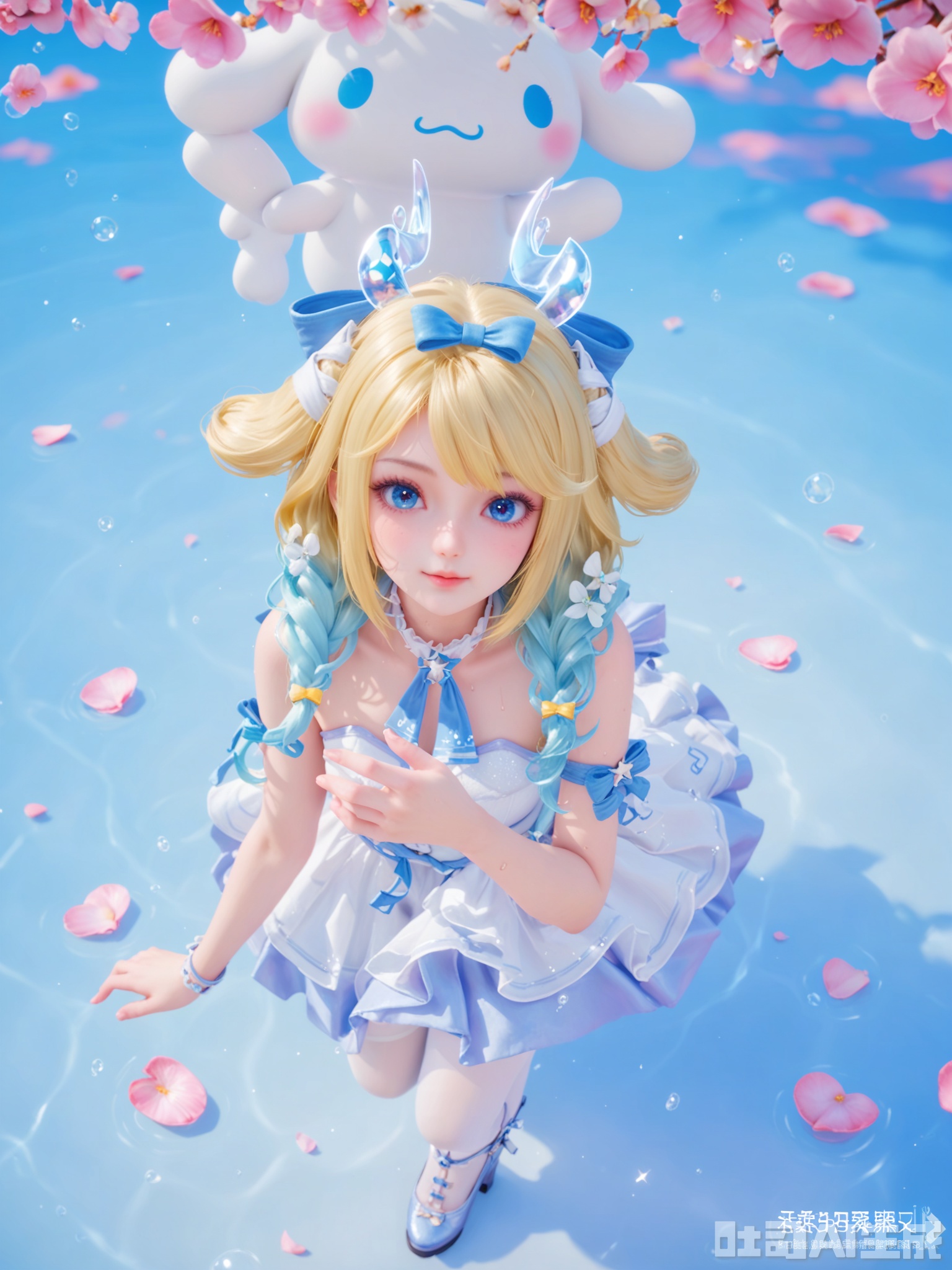示词score_9,score_8_up,score_7_up,realistic,photorealistic,1girl,looking_at_viewer,realistic,1girl,Vivid Colors,bright environment,delicate water,hair_ornament,shiny skin,shiny hair,reflection,dress,flower sea,falling petals,extreme detail description,(upper body:0.3),put one hand on your chest,long_hair,(skindentation:1.3),bright,sunshine on face,light,sweating,light,glowing,sunshine,bright,reflection,(pale_skin:1.3),virtual youtuber,white pantyhose,kagamine rin,artist name,clear background,super high detail background,white dress,high_heels,hoding,multicolored hair,mermaid,column,star \(symbol\),blue eyes,