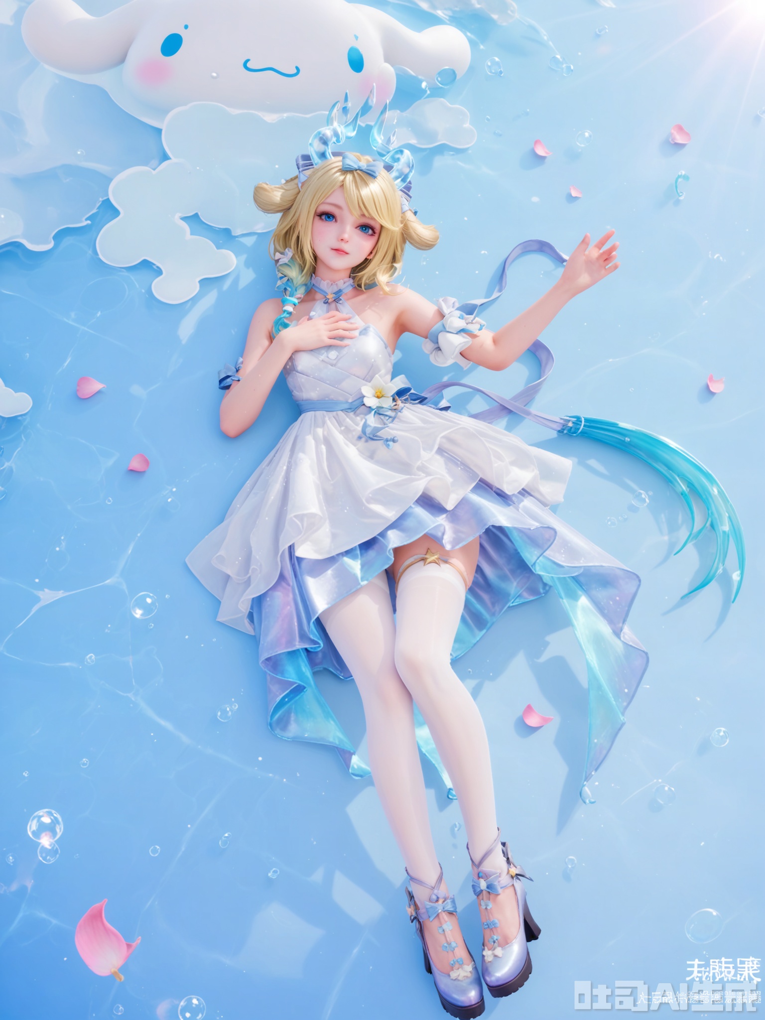 示词score_9,score_8_up,score_7_up,realistic,photorealistic,1girl,looking_at_viewer,realistic,1girl,Vivid Colors,bright environment,delicate water,hair_ornament,shiny skin,shiny hair,reflection,dress,flower sea,falling petals,extreme detail description,(upper body:0.3),put one hand on your chest,long_hair,(skindentation:1.3),bright,sunshine on face,light,sweating,light,glowing,sunshine,bright,reflection,(pale_skin:1.3),virtual youtuber,white pantyhose,kagamine rin,artist name,clear background,super high detail background,white dress,high_heels,hoding,multicolored hair,mermaid,column,star \(symbol\),shiny dress,lying_down,flying,crown