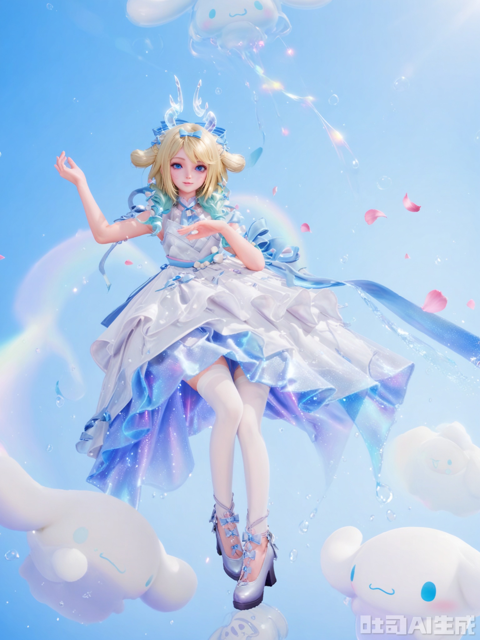 示词score_9,score_8_up,score_7_up,realistic,photorealistic,1girl,looking_at_viewer,realistic,1girl,Vivid Colors,bright environment,delicate water,hair_ornament,shiny skin,shiny hair,reflection,dress,flower sea,falling petals,extreme detail description,(upper body:0.3),put one hand on your chest,long_hair,(skindentation:1.3),bright,sunshine on face,light,sweating,light,glowing,sunshine,bright,reflection,(pale_skin:1.3),virtual youtuber,white pantyhose,kagamine rin,artist name,clear background,super high detail background,white dress,high_heels,hoding,multicolored hair,mermaid,column,star \(symbol\),shiny dress,lying_down,flying,crown
