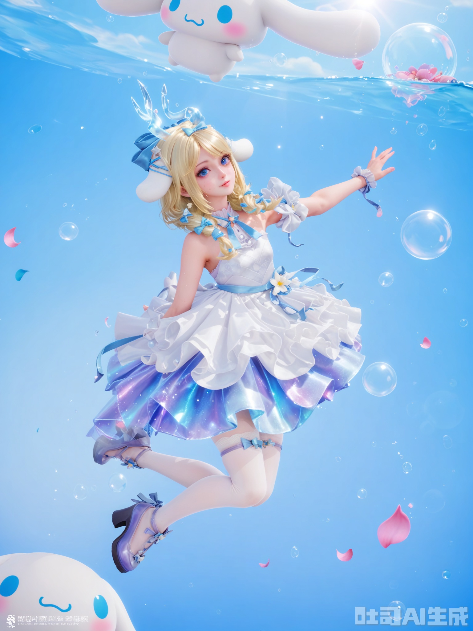 示词score_9,score_8_up,score_7_up,realistic,photorealistic,1girl,looking_at_viewer,realistic,1girl,Vivid Colors,bright environment,delicate water,hair_ornament,shiny skin,shiny hair,reflection,dress,flower sea,falling petals,extreme detail description,(upper body:0.3),put one hand on your chest,long_hair,(skindentation:1.3),bright,sunshine on face,light,sweating,light,glowing,sunshine,bright,reflection,(pale_skin:1.3),virtual youtuber,white pantyhose,kagamine rin,artist name,clear background,super high detail background,white dress,high_heels,hoding,multicolored hair,mermaid,column,star \(symbol\),shiny dress,sitting_down,flying,floating,