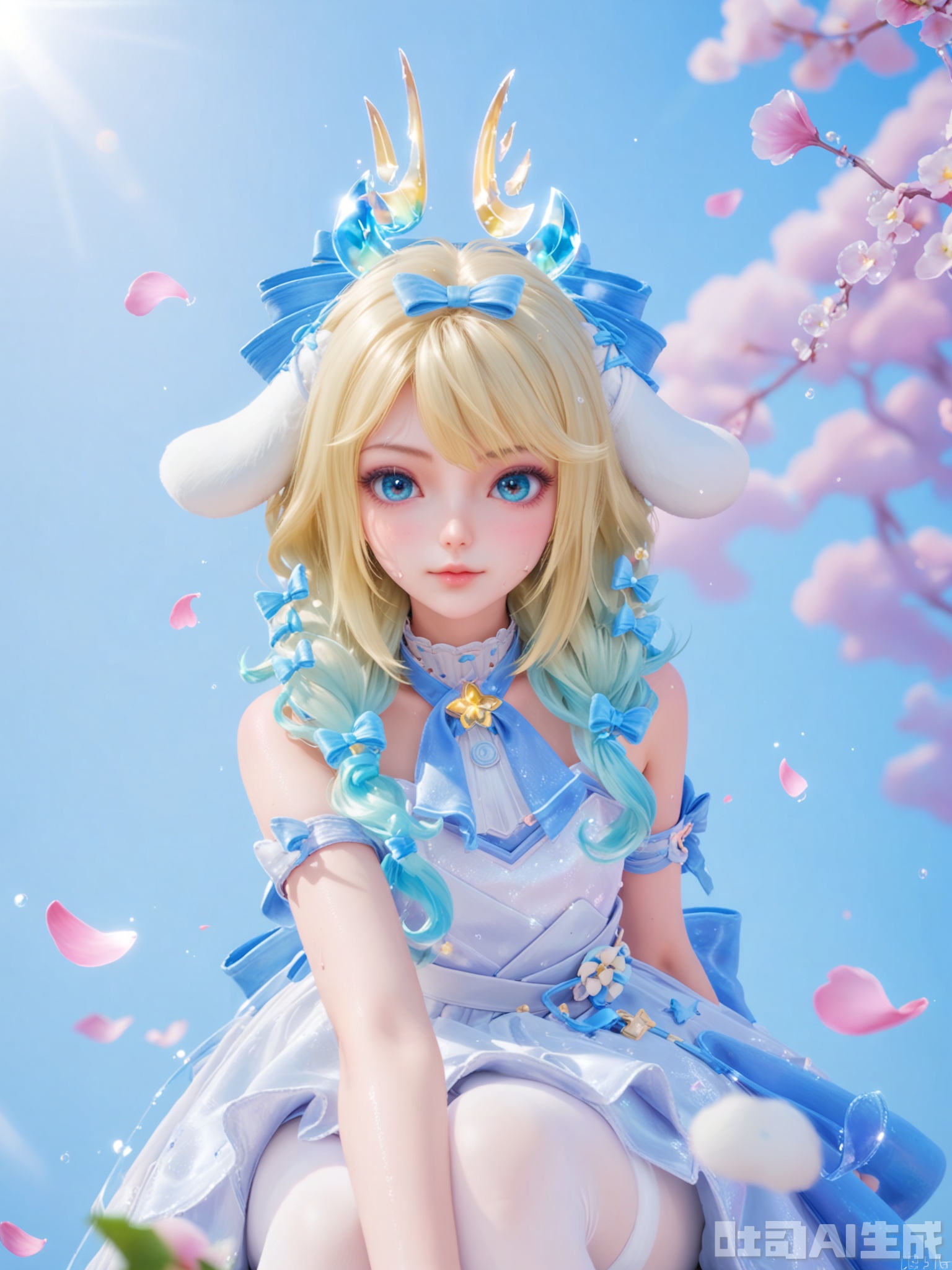 score_9,score_8_up,score_7_up,realistic,photorealistic,1girl,looking_at_viewer,realistic,1girl,Vivid Colors,bright environment,delicate water,hair_ornament,shiny skin,shiny hair,reflection,dress,flower sea,falling petals,extreme detail description,(upper body:0.3),put one hand on your chest,long_hair,(skindentation:1.3),bright,sunshine on face,light,sweating,light,sitting_down,glowing,sunshine,bright,reflection,(pale_skin:1.3),virtual youtuber,white pantyhose,kagamine rin,artist name,clear background,super high detail background,