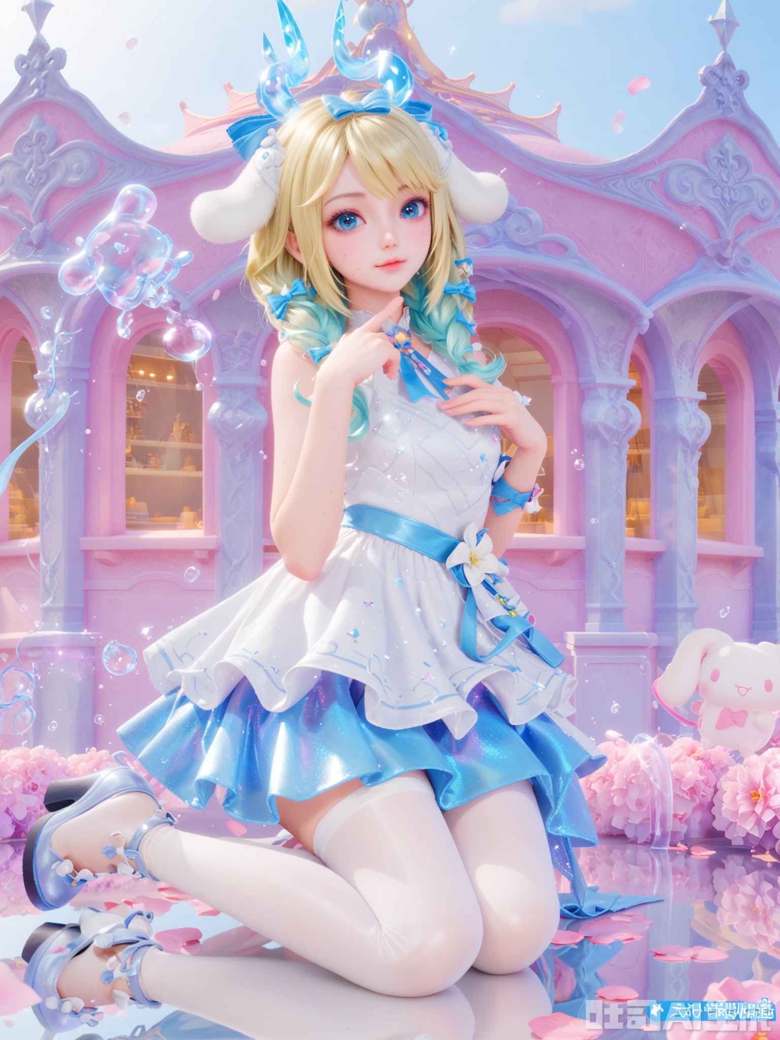 示词score_9,score_8_up,score_7_up,realistic,photorealistic,1girl,looking_at_viewer,realistic,1girl,Vivid Colors,bright environment,delicate water,hair_ornament,shiny skin,shiny hair,reflection,dress,flower sea,falling petals,extreme detail description,(upper body:0.3),put one hand on your chest,long_hair,(skindentation:1.3),bright,sunshine on face,light,sweating,light,glowing,sunshine,bright,reflection,(pale_skin:1.3),virtual youtuber,white pantyhose,kagamine rin,artist name,clear background,super high detail background,white dress,high_heels,hoding,multicolored hair,mermaid,column,star \(symbol\),shiny dress,sitting_down