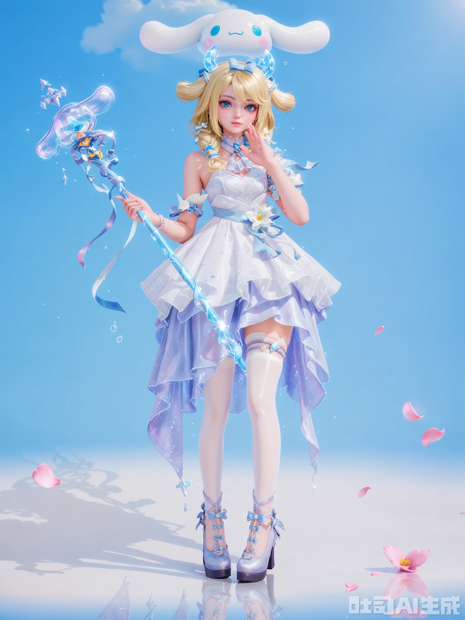 score_9,score_8_up,score_7_up,realistic,photorealistic,1girl,looking_at_viewer,realistic,1girl,Vivid Colors,bright environment,delicate water,hair_ornament,shiny skin,shiny hair,reflection,dress,flower sea,falling petals,extreme detail description,(upper body:0.3),put one hand on your chest,long_hair,(skindentation:1.3),bright,sunshine on face,light,sweating,light,glowing,sunshine,bright,reflection,(pale_skin:1.3),virtual youtuber,white pantyhose,kagamine rin,artist name,clear background,super high detail background,white dress,high_heels,holding staff,cloud,