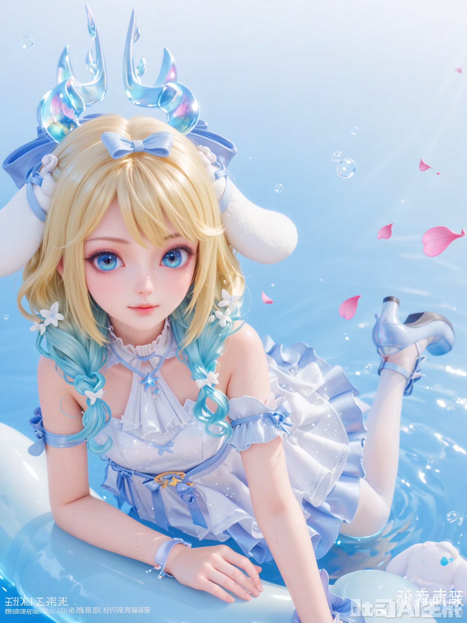 示词score_9,score_8_up,score_7_up,realistic,photorealistic,1girl,looking_at_viewer,realistic,1girl,Vivid Colors,bright environment,delicate water,hair_ornament,shiny skin,shiny hair,reflection,dress,flower sea,falling petals,extreme detail description,(upper body:0.3),put one hand on your chest,long_hair,(skindentation:1.3),bright,sunshine on face,light,sweating,light,glowing,sunshine,bright,reflection,(pale_skin:1.3),virtual youtuber,white pantyhose,kagamine rin,artist name,clear background,super high detail background,white dress,high_heels,hoding,multicolored hair,mermaid,column,star \(symbol\),shiny dress,sitting_down,flying,floating,