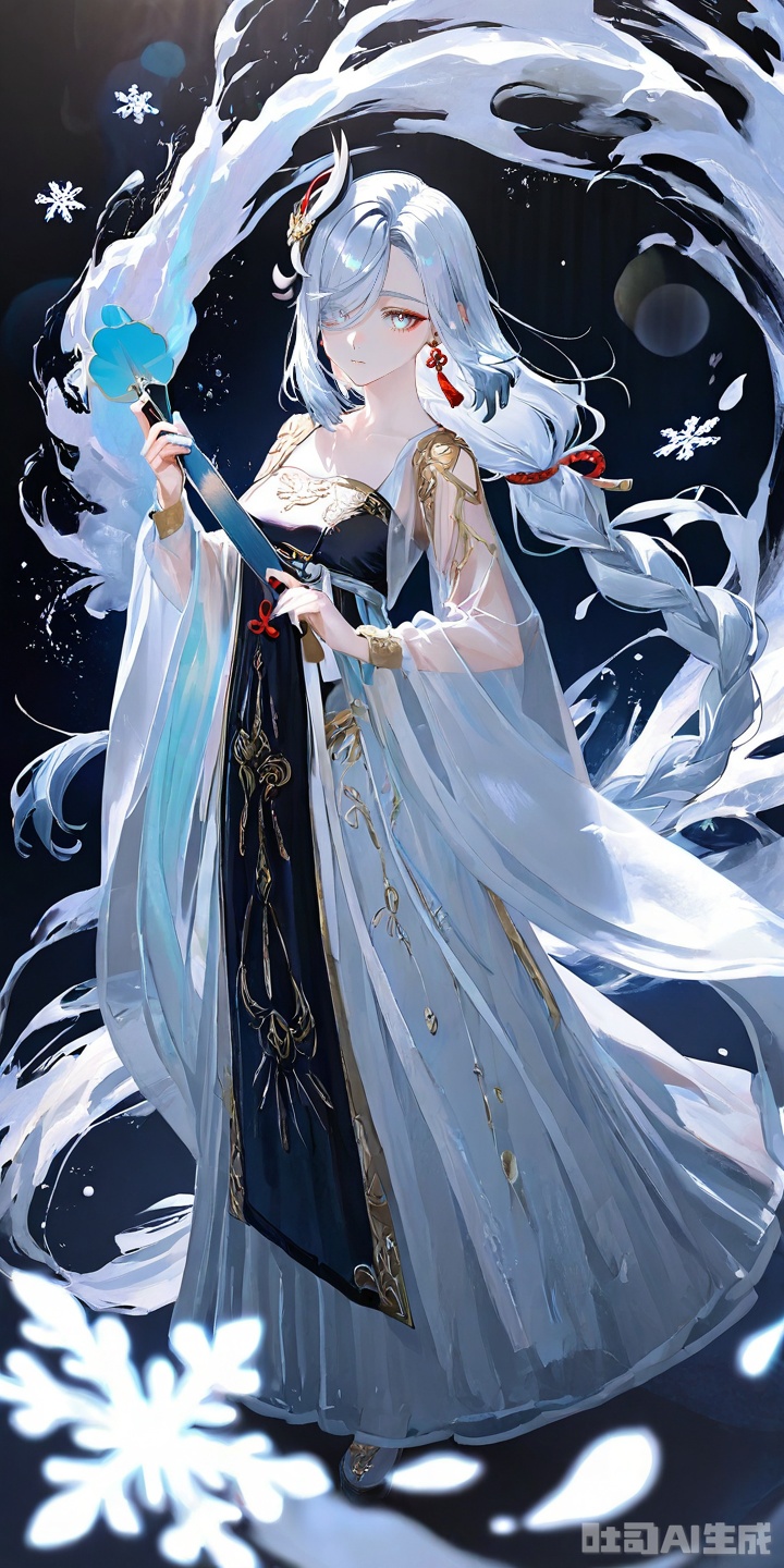 fuzhuang,fuzhuang,chinese clothes,dress,1girl,hanfu,long sleeves,standing,see-through,wide sleeves,jewelry,black dress,white dress,depth of field,holding,hand fan,facing viewer,
shenhe (genshin impact),long hair,blue eyes,hair over one eye,hair ornament,braid,jewelry,braided ponytail,earrings,tassel,tassel earrings,bangs,white hair,snowflakes,very long hair,gold trim,
dress,long dress,layered,lace,frilled,shiny_clothes,flower,see-through sleeves,black_background,depth of field,light particle,lens_flare,
masterpiece,best quality,very aesthetic,2024,2023,perfect composition,ultra-detailed,rolua,geometric pattern,abstract background,striped background,extreme aesthetic,(quasarcake:0.7),masterpiece,best quality,good quality,newest,year 2024,year 2023,very aesthetic,absurdres,looking_at_viewer,smoke,
(from_above:1.3),hand,