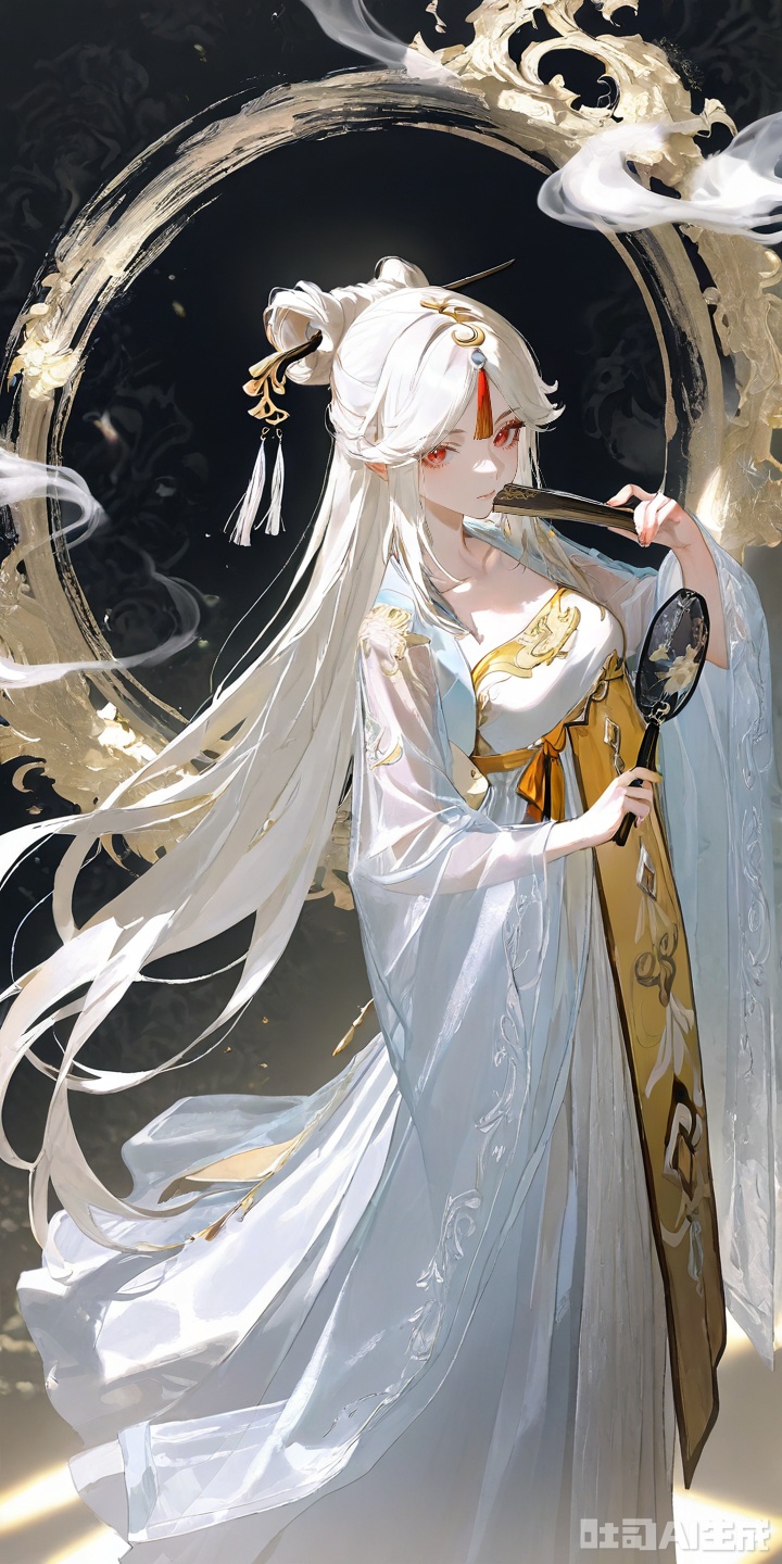 fuzhuang,fuzhuang,chinese clothes,dress,1girl,hanfu,long sleeves,standing,see-through,wide sleeves,jewelry,yellow dress,white dress,depth of field,holding,hand fan,facing viewer,
ningguang (genshin impact),long hair,hair ornament,red eyes,white hair,tassel,bangs,very long hair,parted bangs,hair stick,hairpin,tassel hair ornament,
dress,long dress,layered,lace,frilled,shiny_clothes,flower,see-through sleeves,black_background,depth of field,light particle,lens_flare,
masterpiece,best quality,very aesthetic,2024,2023,perfect composition,ultra-detailed,rolua,geometric pattern,abstract background,striped background,extreme aesthetic,(quasarcake:0.7),masterpiece,best quality,good quality,newest,year 2024,year 2023,very aesthetic,absurdres,looking_at_viewer,smoke,
(from_above:1.3),hand,