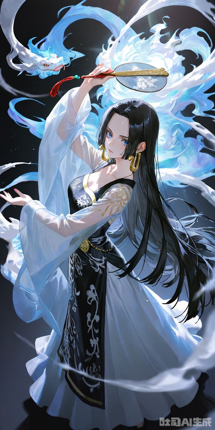 fuzhuang,fuzhuang,chinese clothes,dress,1girl,hanfu,long sleeves,standing,see-through,wide sleeves,jewelry,black dress,white dress,depth of field,holding,hand fan,facing viewer,
boa hancock one piece,boa hancock,black hair,long hair,blue eyes,jewelry,earrings,
dress,long dress,layered,lace,frilled,shiny_clothes,flower,see-through sleeves,black_background,depth of field,light particle,lens_flare,
masterpiece,best quality,very aesthetic,2024,2023,perfect composition,ultra-detailed,rolua,geometric pattern,abstract background,striped background,extreme aesthetic,(quasarcake:0.7),masterpiece,best quality,good quality,newest,year 2024,year 2023,very aesthetic,absurdres,looking_at_viewer,smoke,
(from_above:1.3),hand,