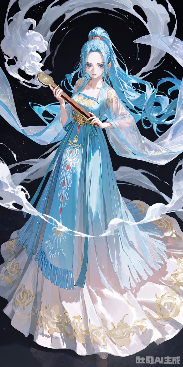 fuzhuang,fuzhuang,chinese clothes,dress,1girl,hanfu,long sleeves,standing,see-through,wide sleeves,jewelry,blue dress,brown dress,depth of field,holding,hand fan,facing viewer,
Nefertari D. Vivi one piece,Nefertari D. Vivi\(one piece\),ponytail,blue hair,blue eyes,long hair,high ponytail,very long hair,
dress,long dress,layered,lace,frilled,shiny_clothes,flower,see-through sleeves,black_background,depth of field,light particle,lens_flare,
masterpiece,best quality,very aesthetic,2024,2023,perfect composition,ultra-detailed,rolua,geometric pattern,abstract background,striped background,extreme aesthetic,(quasarcake:0.7),masterpiece,best quality,good quality,newest,year 2024,year 2023,very aesthetic,absurdres,looking_at_viewer,smoke,
(from_above:1.3),hand,