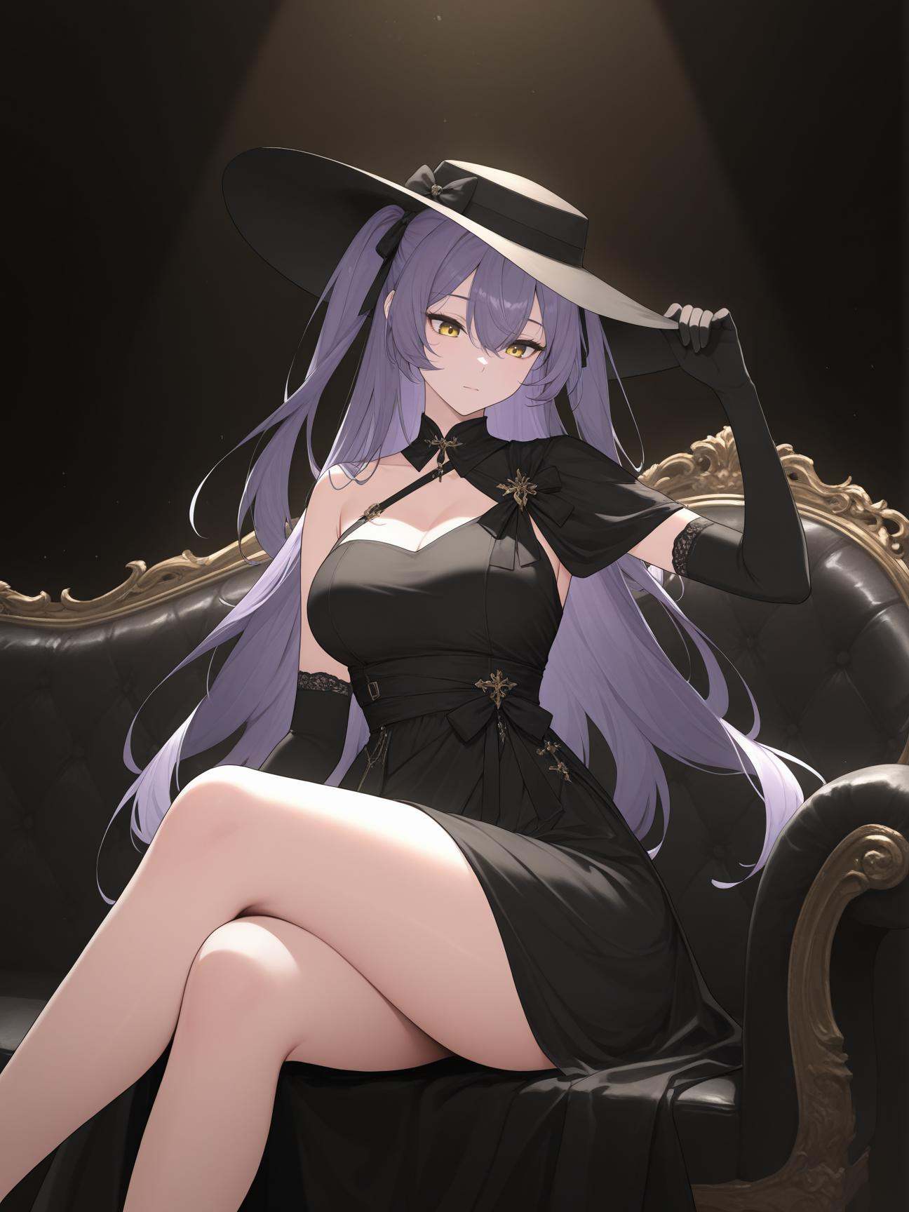 solo,1girl,folded ponytail,hat over eyes,wide brim hat,black hat,floppy hat,black ribbon bow,elegant dress,black dress,single strap clothing,black gloves,elbow gloves,elegant pose,tilted head,looking down,graceful pose,high class fashion,sitting on couch,victorian furniture,hand on hat,crossed legs,dynamic angle,dark background,high contrast,spotlight effect,cinematic lighting,masterpiece,best quality,good quality,very awa,newest,highres,absurdres,<lora:涟:1>,lian,hair between eyes,long hair,purple hair,two side up,yellow eyes,