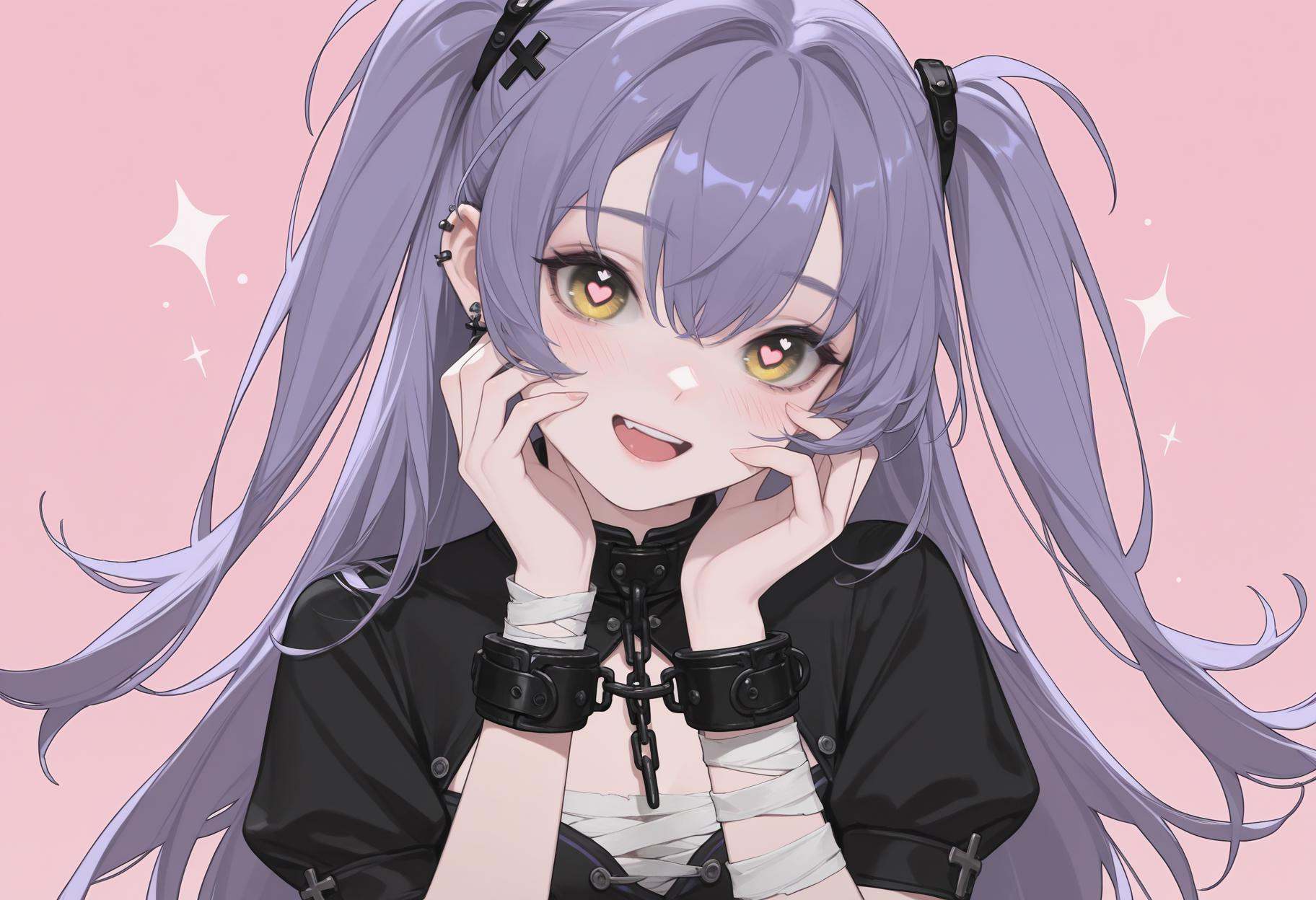 masterpiece,best quality,very aesthetic,absurdres,newest,portrait,1girl,close-up,flat color,upper body,eye focus,sparkle,blush,look at looking at viewer,heart-shaped pupils,one fang,:d,upper teeth only,head_tilt,hands together,hands on right face,pink background,love background,<lora:涟:1>,lian,hair between eyes,long hair,purple hair,two side up,yellow eyes,yifu,cross hair ornament,ear piercing,bandaged arm,bandages chest,black belt,black dress,clothing cutout,jewelry,puffy short sleeves,shackles,
