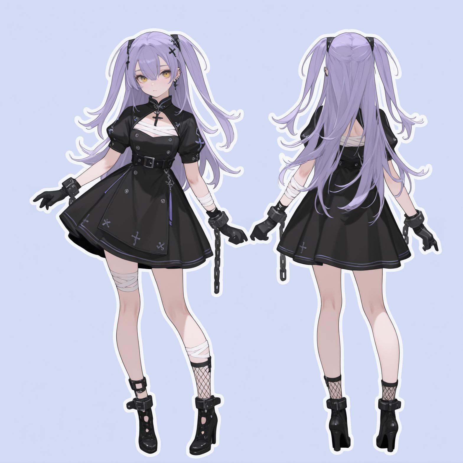 best quality,masterpiece,good quality,blue  background,white outline,pastel colors,2girl,two perspectives,(multiple perspectives:1.1),(from behind:1.4),(from_side:1.1),(front view:1.4),standing,<lora:涟:1>,lian,hair between eyes,long hair,purple hair,two side up,yellow eyes,yifu,cross hair ornament,ear piercing,bandaged arm,bandaged leg,bandages chest,black belt,black dress,black footwear,black gloves,clothing cutout,fishnet socks,high heels,jewelry,puffy short sleeves,shackles,socks,