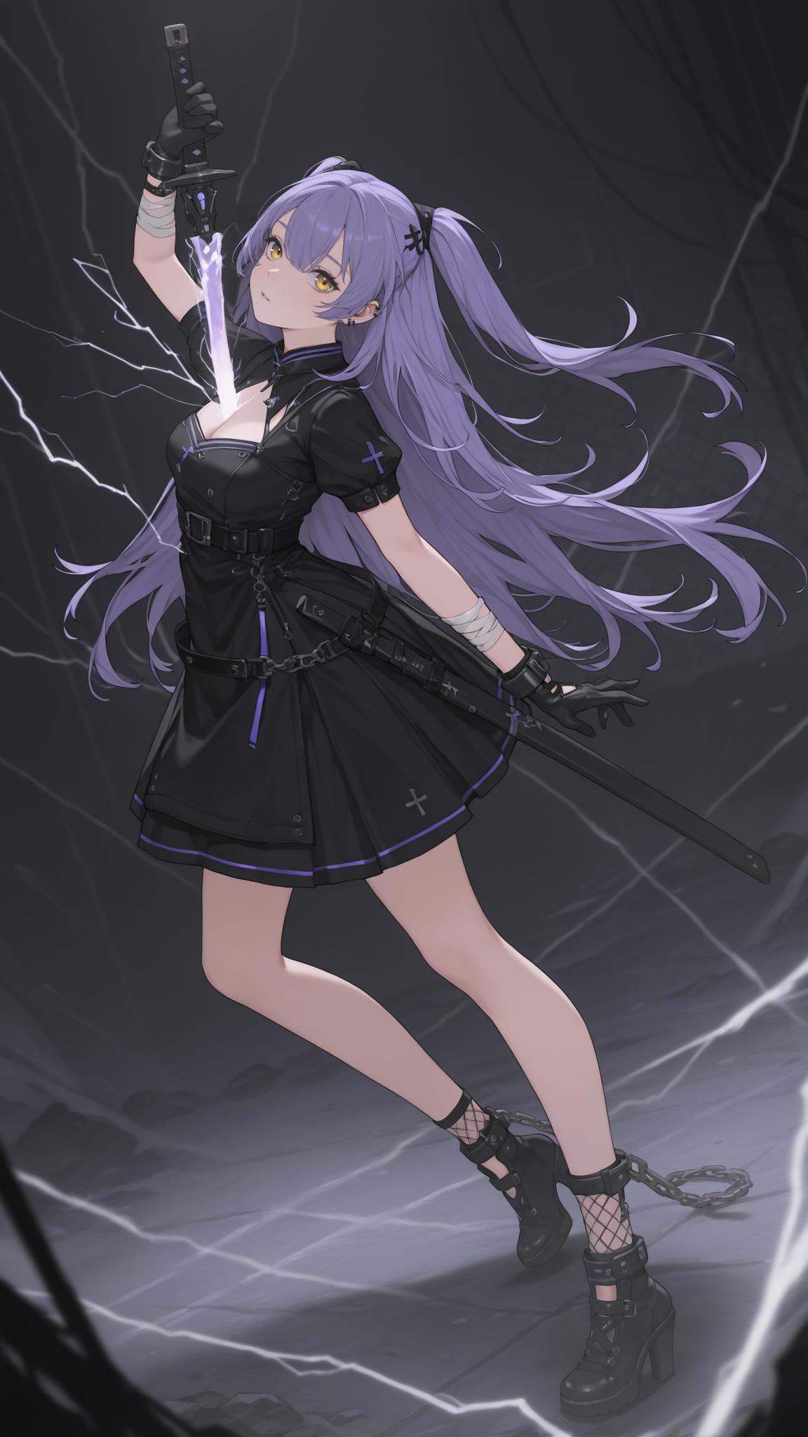 cover,geometric background,Dojinshi,Graphic Design,illustration cover,color art,intricate details,high contrast,detailed background,beautiful detailed,1girl,solo,facing up,electricity,floating hair,holding sword,human scabbard,neon lights,glowing katana,holographic circuits,vibrant colors,cinematic lighting,high-tech accessories,futuristic vibes,ready to draw,scabbard,dynamic pose,thunder sword,masterpiece,best quality,(from_side:1.4),amazing quality,<lora:涟:1>,lian,hair between eyes,long hair,purple hair,two side up,yellow eyes,yifu,cross hair ornament,ear piercing,bandaged arm,bandaged leg,black belt,black dress,black footwear,black gloves,clothing cutout,fishnet socks,high heels,jewelry,puffy short sleeves,shackles,socks,looking_up,