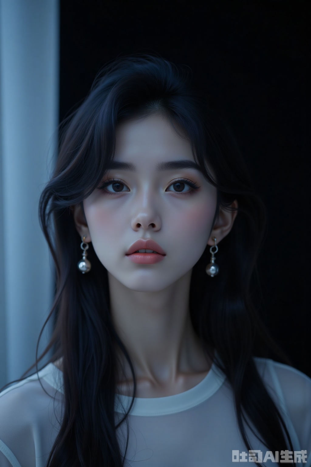 dim moonlight,beauty,This image is a hyper-realistic digital artwork depicting an Asian woman with a serene and contemplative expression. The subject has fair,smooth skin with a delicate blush on her cheeks,and her eyes are wide and slightly downcast,giving a sense of introspection. Her hair is long,straight,and dark,with a slight blueish hue that catches the light,adding a subtle,ethereal quality. She wears a simple,white top that contrasts softly with her dark hair and skin.,The background is a deep,almost black,gradient that fades into a soft,light blue,creating a dramatic and moody atmosphere. The lighting in the image is soft and diffused,casting gentle shadows that enhance the contours of her face and hair,giving the artwork a dreamy,almost otherworldly feel. The overall composition and lighting highlight the subject’s delicate features and the smooth texture of her skin,emphasizing the realism of the digital medium. The artwork captures a moment of quiet reflection,with a focus on the subject's expression and the interplay of light and shadow.,The background is a soft gradient of light blue and white,creating a peaceful and minimalist atmosphere. The light is diffuse,casting a soft glow that highlights the texture of her hair and skin,making it slightly blurry,almost like a dream.,