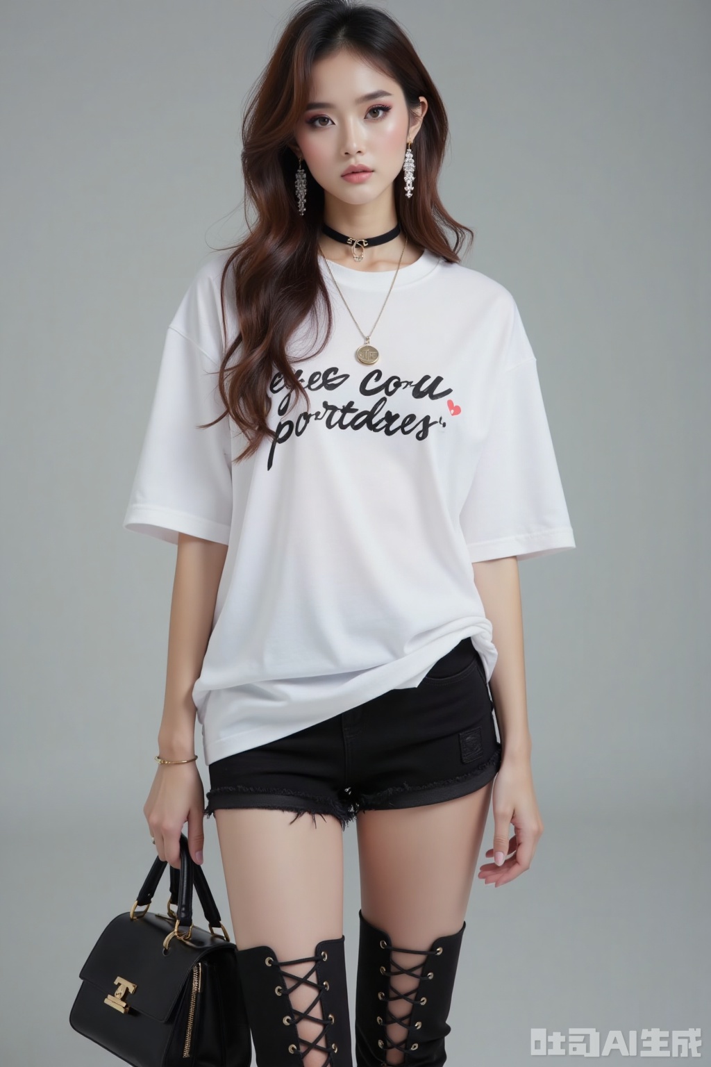 lvjing,baoshi,nvdi,Boa Hancock,oversized white t-shirt,graphic design,text sudpmfee,black shorts,thigh-high boots,lace-up style,carrying black bag,long hair,large earrings,necklace,jeans,