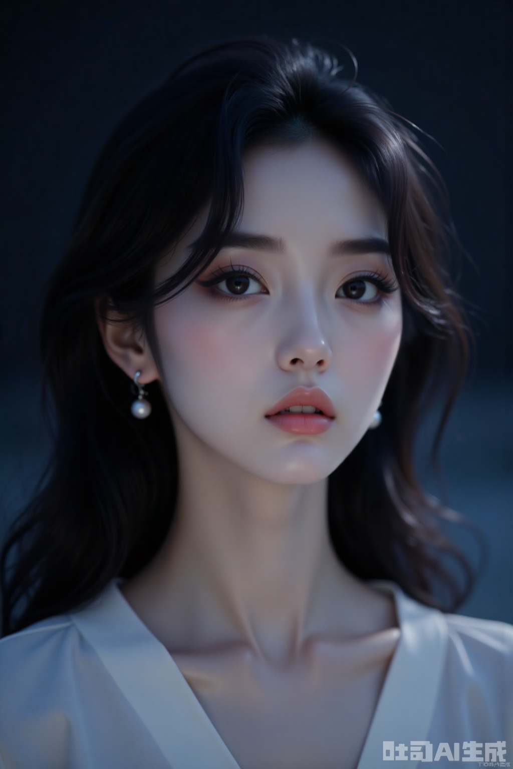 dim moonlight,beauty,This image is a hyper-realistic digital artwork depicting an Asian woman with a serene and contemplative expression. The subject has fair,smooth skin with a delicate blush on her cheeks,and her eyes are wide and slightly downcast,giving a sense of introspection. Her hair is long,straight,and dark,with a slight blueish hue that catches the light,adding a subtle,ethereal quality. She wears a simple,white top that contrasts softly with her dark hair and skin.,The background is a deep,almost black,gradient that fades into a soft,light blue,creating a dramatic and moody atmosphere. The lighting in the image is soft and diffused,casting gentle shadows that enhance the contours of her face and hair,giving the artwork a dreamy,almost otherworldly feel. The overall composition and lighting highlight the subject’s delicate features and the smooth texture of her skin,emphasizing the realism of the digital medium. The artwork captures a moment of quiet reflection,with a focus on the subject's expression and the interplay of light and shadow.,The background is a soft gradient of light blue and white,creating a peaceful and minimalist atmosphere. The light is diffuse,casting a soft glow that highlights the texture of her hair and skin,making it slightly blurry,almost like a dream.,