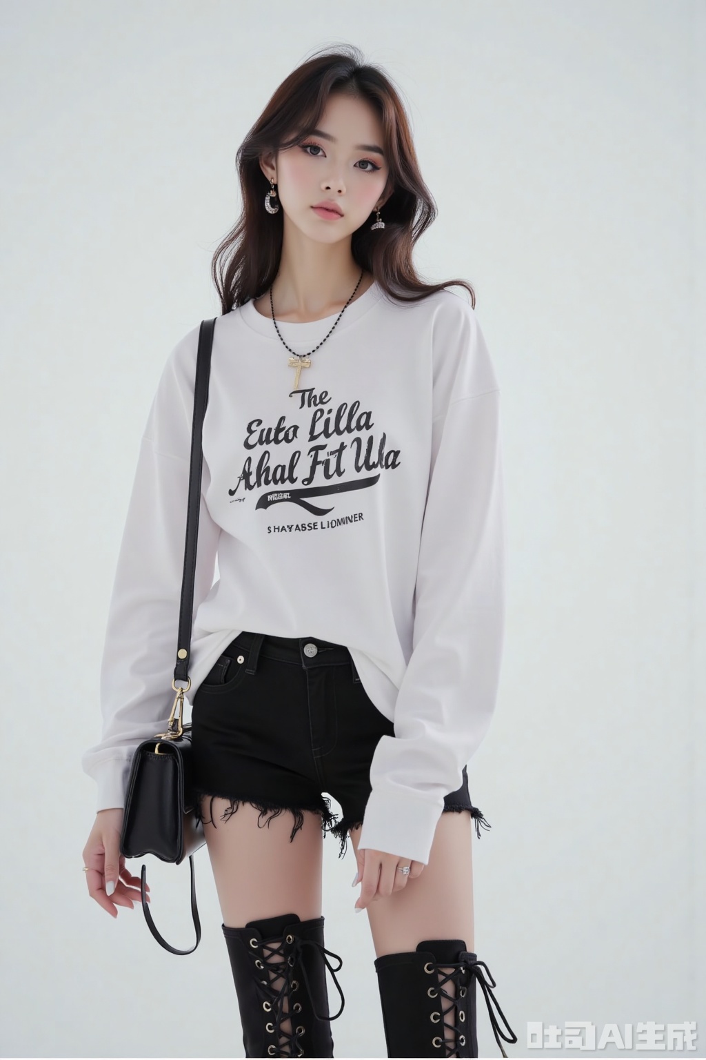 lvjing,baoshi,nvdi,Boa Hancock,oversized white t-shirt,graphic design,text sudpmfee,black shorts,thigh-high boots,lace-up style,carrying black bag,long hair,large earrings,necklace,jeans,