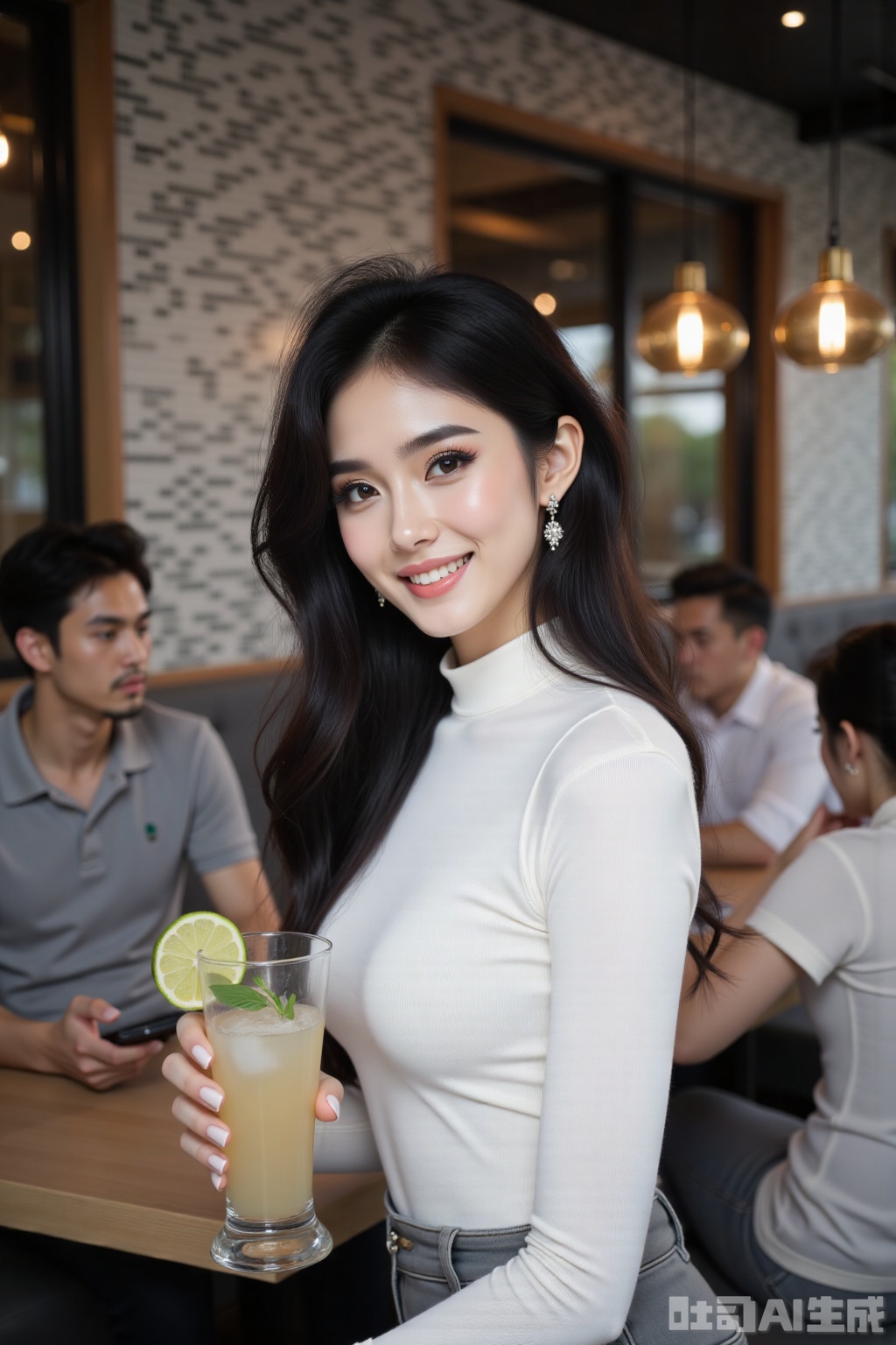large breasts,This photograph captures a vibrant,modern restaurant setting with a warm,inviting ambiance. In the foreground,a young woman with long straight black hair and fair skin smiles directly at the camera and large breasts,She is wearing a form-fitting,white,long-sleeved top that accentuates her slender figure. In her right hand,she holds a tall,clear cocktail glass filled with a light-colored drink garnished with a lime wedge and a green herb sprig. The woman appears to be in her early twenties. In the background,there are several patrons engaged in various activities. A man in a gray polo shirt,likely in his thirties,is seated at a table,intently focused on his smartphone. Another man,also in his thirties,is wearing a white shirt and is engaged in conversation with a woman seated across from him. Both are sitting on padded,gray benches with light wood tables. The restaurant's interior is stylish,with a mix of modern and rustic elements. The walls are adorned with a mosaic pattern of gray and white tiles,and there are pendant lights with warm,yellowish light fixtures hanging from the ceiling. The overall atmosphere is cozy and sophisticated,with a focus on comfort and good food.,