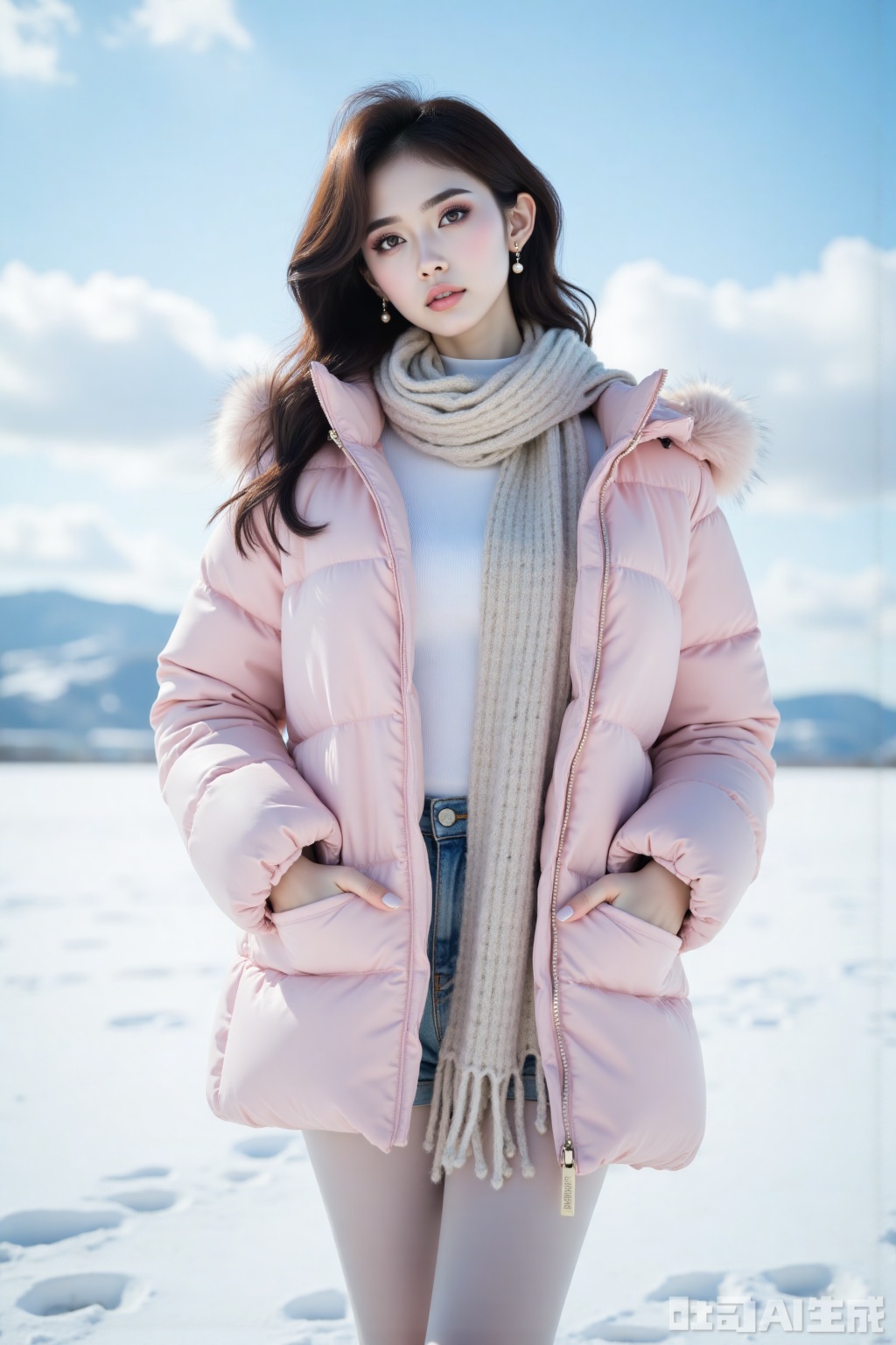 model,Snow,blue sky and white clouds,beautiful girl,tall figure,top figure,long legs and thin waist,fair skin,standing posture,pink down jacket,scarf,white T-shirt,tights,casual shoes,natural shape. Professional photography,frontal close-up,light and shadow effect,medium scene,consistent style,