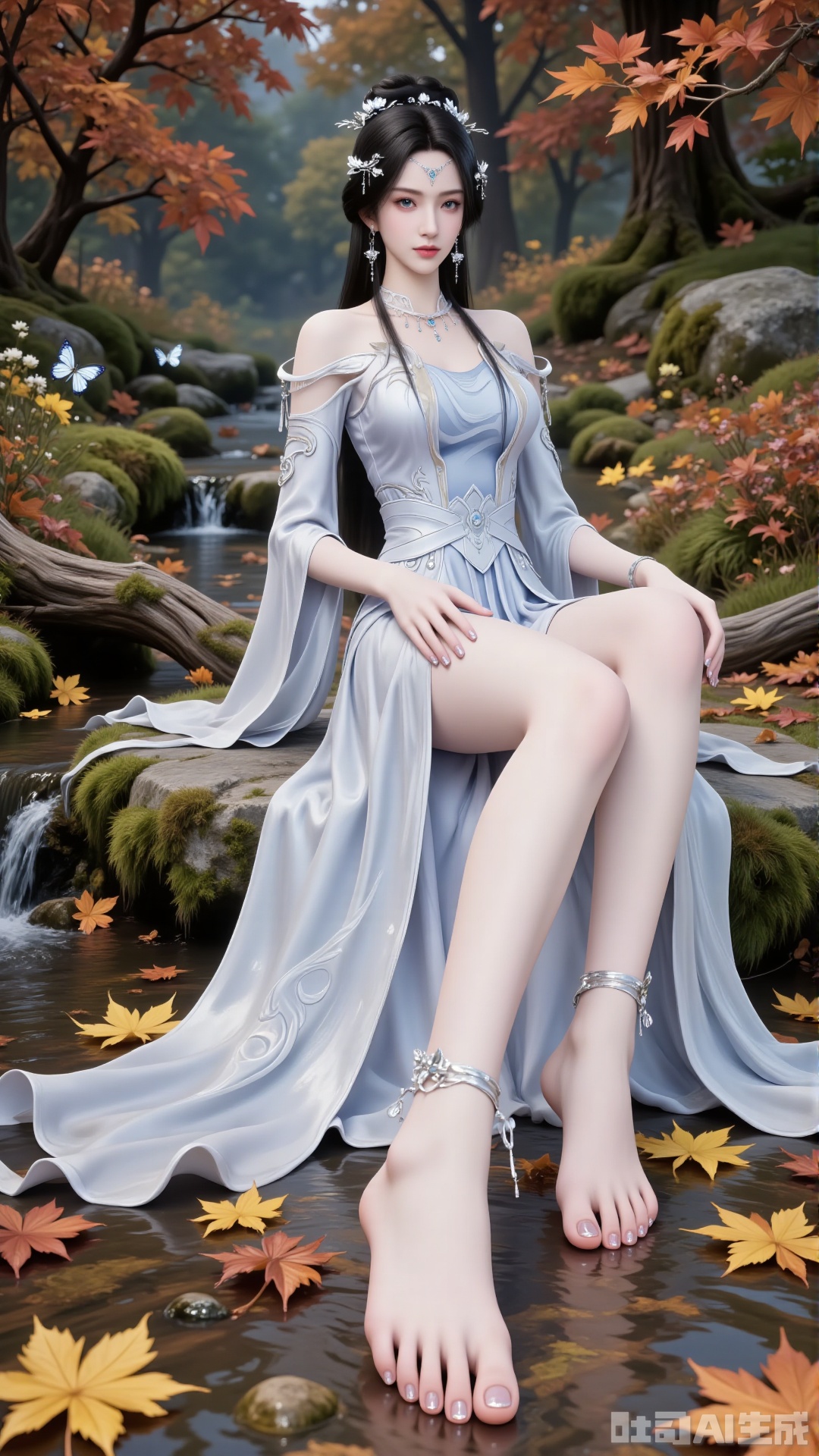 Side profile shot: A beautiful woman seated on a stone, barefoot with a close - up of her feet. Taken from a low - angle perspective.
 
Overall Concept: Create a visually stunning, aesthetically pleasing scene where the subject seamlessly blends with the natural environment, facing the viewer directly. The composition fully encompasses the character and the surrounding autumnal foliage, offering an expansive view. The character serves as the focal point, while the fallen leaves enhance the overall ambiance. Key elements include maple trees and fallen leaves.
 
Perspective: The subject looks directly into the camera. Shot from a low - angle, upward perspective, this vantage point clearly showcases the spatial relationship between the character and the fallen leaves on the ground, providing a unique visual experience.
 
Poses: Seated on the stone, one hand rests naturally on her leg, while the other relaxes by her side. Emphasize her delicate hands and fingers.
 
Character Description: An Eastern - styled ancient - aesthetic female character with a slender and graceful figure. She wears a forehead ornament, has long black hair, exquisitely detailed eyes, and colored contact lenses.
 
Clothing: A xianxia - style long robe, adapted from traditional Hanfu. The main color is white, transitioning into a pale blue gradient. Features silver - white patterned embroidery. The fabric has a silk - like smooth texture, exhibiting a soft sheen that varies with different lighting conditions.
 
- Structural Design: Strapless long dress with wide sleeves. The lower skirt is floor - length, featuring natural, flowing folds. Adorned with flowing ribbons.
 
Hairstyle and Accessories
 
- Hairstyle: A classic high chignon with long hair cascading naturally over her shoulders and back. The hair is shiny black, with a realistic texture.
- Accessories: Silver hair ornaments, necklace, earrings, and other jewelry. The dress also has embroidery, and she wears a forehead ornament.
 
Additional Details: Her slender legs are exposed, barefoot. Her toenails are manicured with shiny, transparent nail polish.
 
Background: Set against an autumnal backdrop with fallen leaves, butterflies, and a ground carpeted with a rich palette of orange, yellow, and red autumn leaves. Include moss - covered stones, weeds, wildflowers, and a clear - flowing stream with fallen leaves floating on its surface. This creates a rich, serene autumnal atmosphere, highlighting the beauty of nature. A maple branch is positioned in the foreground of the shot.