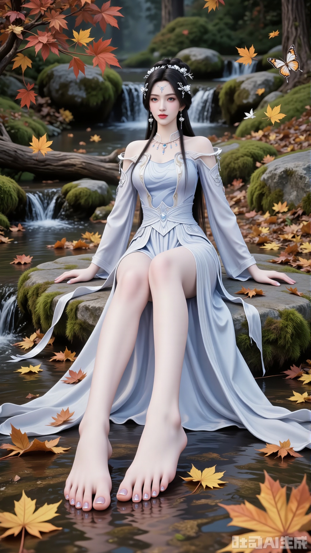 Side profile shot: A beautiful woman seated on a stone, barefoot with a close - up of her feet. Taken from a low - angle perspective.
 
Overall Concept: Create a visually stunning, aesthetically pleasing scene where the subject seamlessly blends with the natural environment, facing the viewer directly. The composition fully encompasses the character and the surrounding autumnal foliage, offering an expansive view. The character serves as the focal point, while the fallen leaves enhance the overall ambiance. Key elements include maple trees and fallen leaves.
 
Perspective: The subject looks directly into the camera. Shot from a low - angle, upward perspective, this vantage point clearly showcases the spatial relationship between the character and the fallen leaves on the ground, providing a unique visual experience.
 
Poses: Seated on the stone, one hand rests naturally on her leg, while the other relaxes by her side. Emphasize her delicate hands and fingers.
 
Character Description: An Eastern - styled ancient - aesthetic female character with a slender and graceful figure. She wears a forehead ornament, has long black hair, exquisitely detailed eyes, and colored contact lenses.
 
Clothing: A xianxia - style long robe, adapted from traditional Hanfu. The main color is white, transitioning into a pale blue gradient. Features silver - white patterned embroidery. The fabric has a silk - like smooth texture, exhibiting a soft sheen that varies with different lighting conditions.
 
- Structural Design: Strapless long dress with wide sleeves. The lower skirt is floor - length, featuring natural, flowing folds. Adorned with flowing ribbons.
 
Hairstyle and Accessories
 
- Hairstyle: A classic high chignon with long hair cascading naturally over her shoulders and back. The hair is shiny black, with a realistic texture.
- Accessories: Silver hair ornaments, necklace, earrings, and other jewelry. The dress also has embroidery, and she wears a forehead ornament.
 
Additional Details: Her slender legs are exposed, barefoot. Her toenails are manicured with shiny, transparent nail polish.
 
Background: Set against an autumnal backdrop with fallen leaves, butterflies, and a ground carpeted with a rich palette of orange, yellow, and red autumn leaves. Include moss - covered stones, weeds, wildflowers, and a clear - flowing stream with fallen leaves floating on its surface. This creates a rich, serene autumnal atmosphere, highlighting the beauty of nature. A maple branch is positioned in the foreground of the shot.